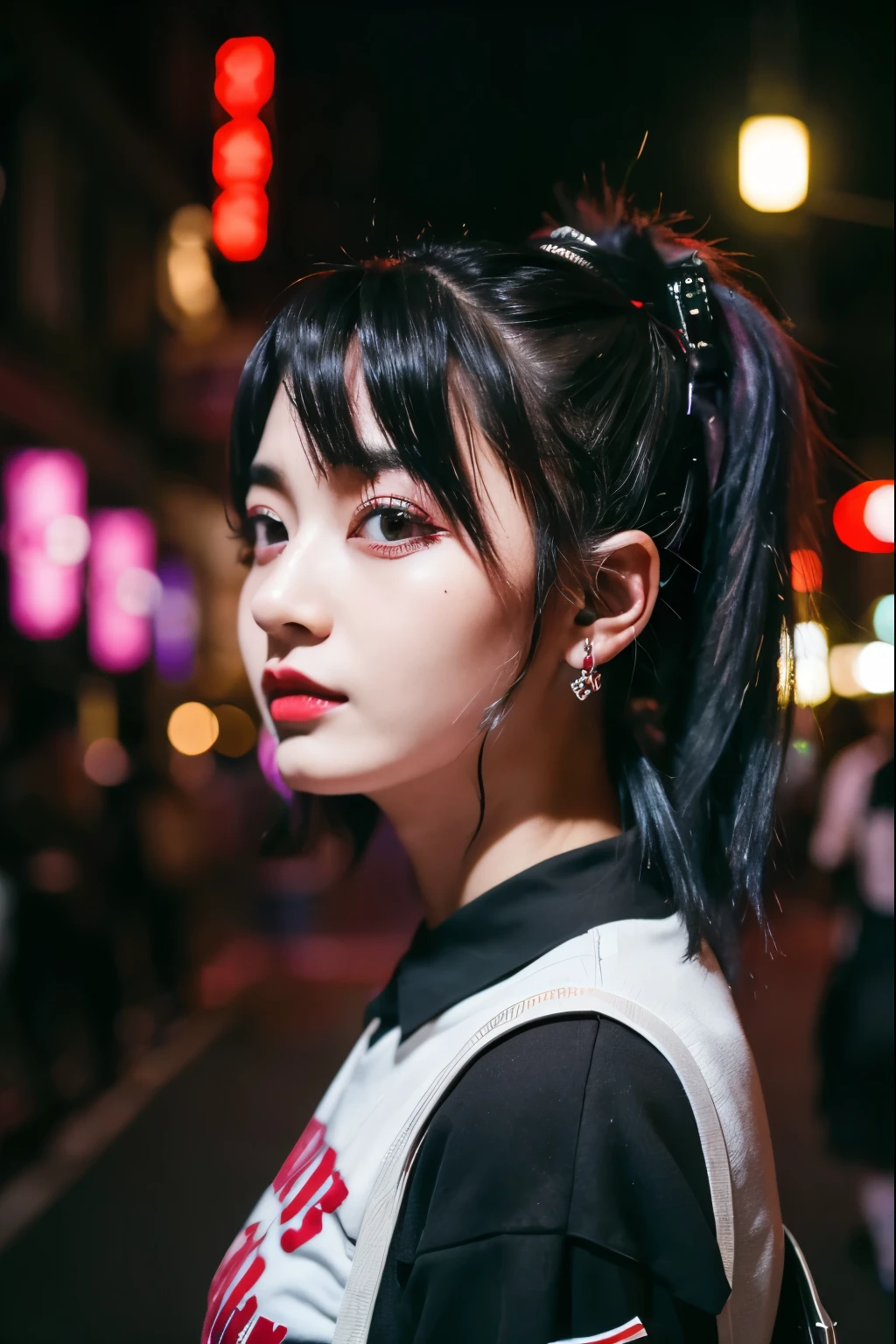 highest quality、8k、masterpiece:1.3、Gothic Punk、The inside color is red、Gray Black Hair、hair ornaments、Beautiful girl、creative、Punk Shirt、Neogoth、Goth Fashion:1.2、High resolution、masterpiece、highest quality、頭w:1.3、((Hasselblad Photos))、Fine skin、Sharp focus、(Cinematic lighting)、Walking the Tokyo Nightlife Behind the Neon, Forehead open, 、Stroking one's hair back、Shoulder Bare、Small red rose tattoo on the décolletage、Just one tattoo