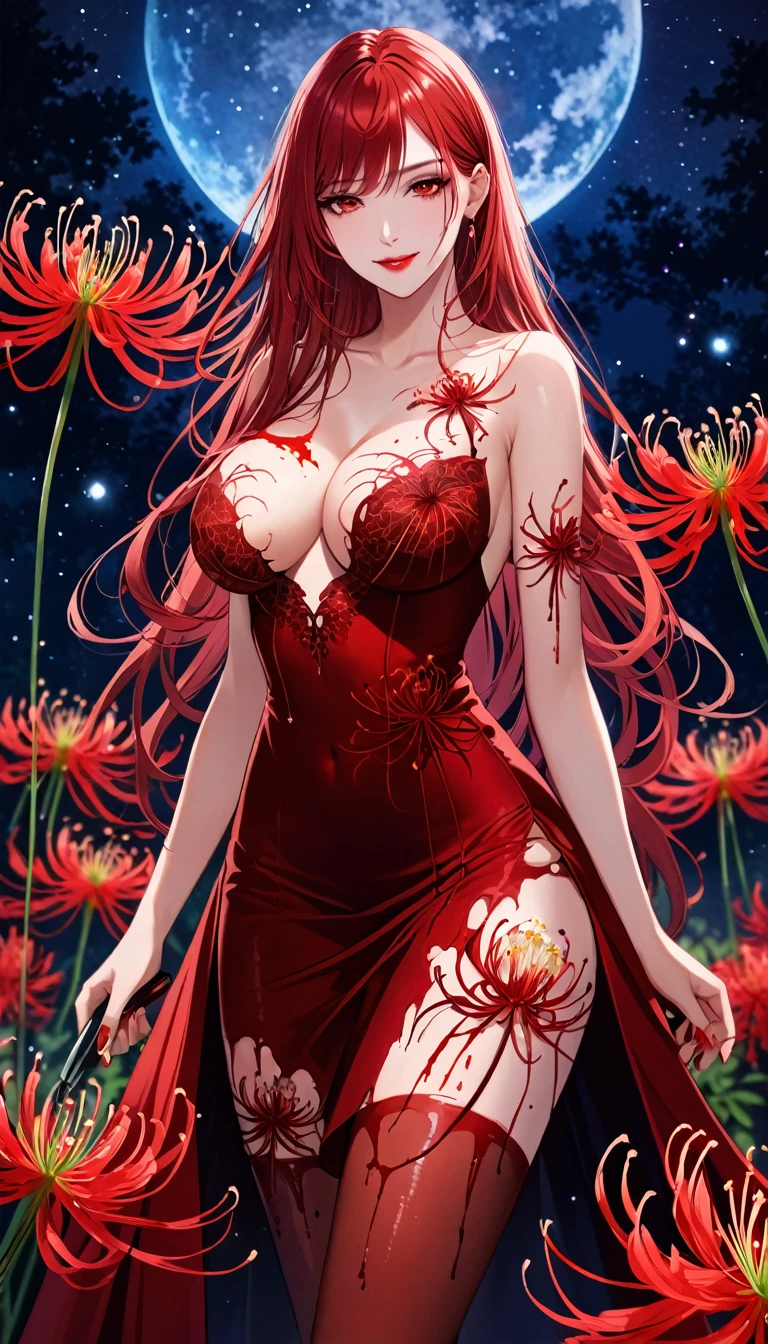 best quality,masterpiece, an extremely delicate and beautiful, CG,extremely detailed ,highres, extremely detailed,depth of field, 1girl,beautiful detailed girl,(Blood red hair),long_hair, beautiful detailed red eyes,(makeup:1.2),Red lips,light on face,(seductive smile:1.2),big breasts,(thigh),red Torn pantyhose,red torn dress,(full body blood),flower tattoo on breasts,Bleeding wounds,Bleeding from knife wounds,(cowboy shot:1.2),Red spider lily,Starry sky background