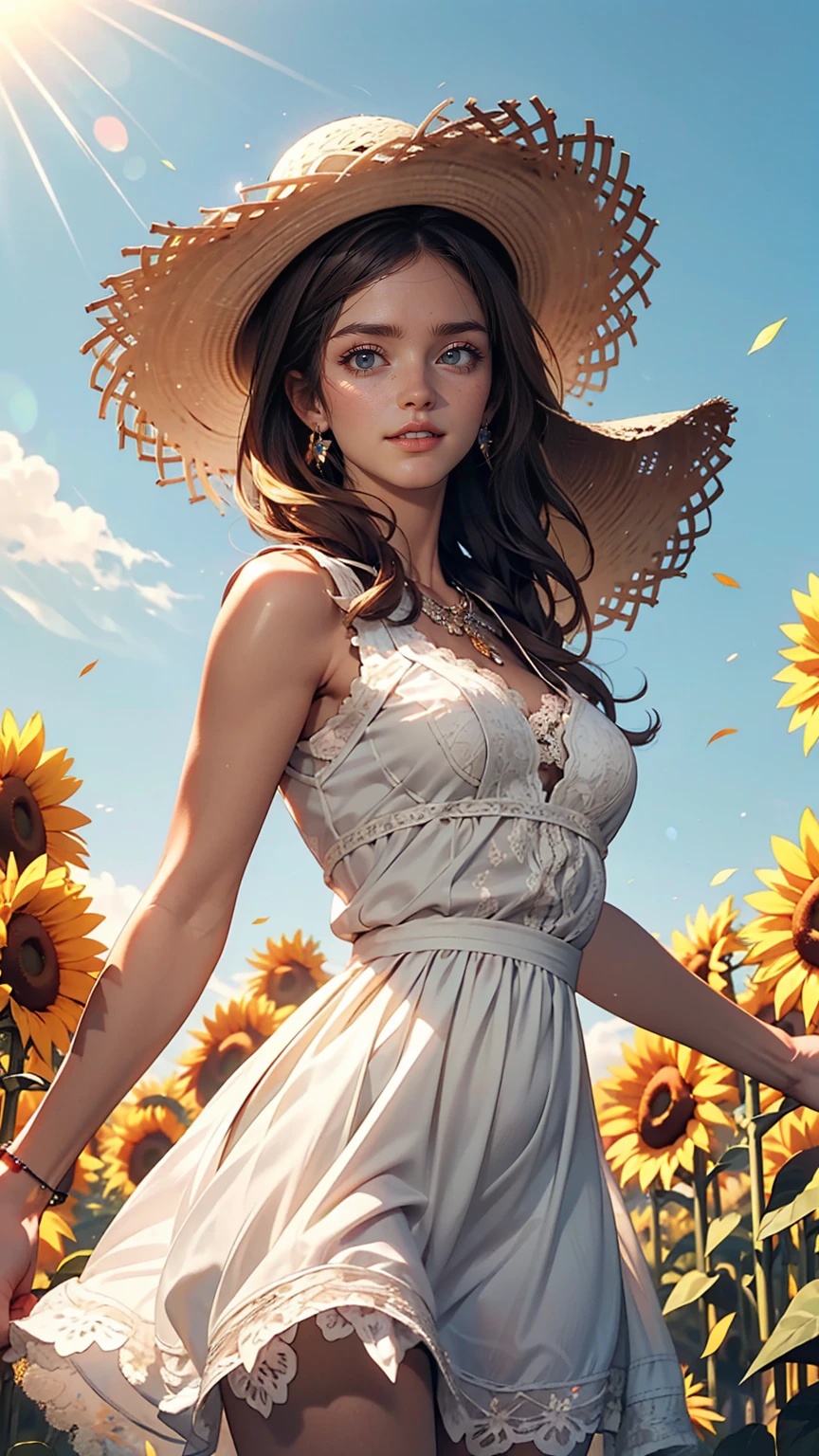 Send it,One girl,alone, (White lace dress:1.2),loose fitting dress (sun visor hat:1.2), Sunflower field, Under the sunlight, A light smile,View your viewers, Wind, dynamic, Strong light and shadow,dynamic pose,