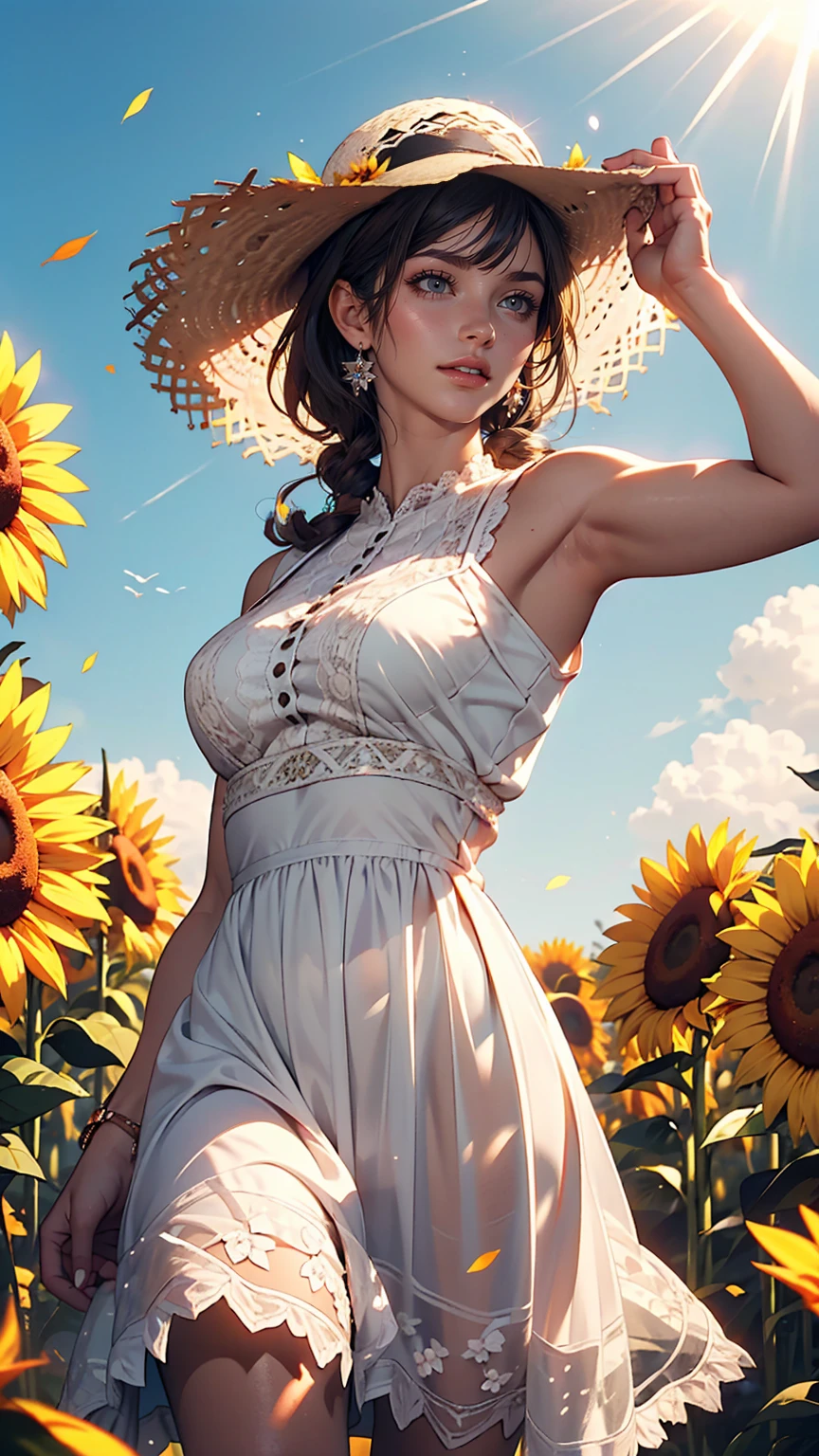 Send it,One girl,alone, (White lace dress:1.2),loose fitting dress (sun visor hat:1.2), Sunflower field, Under the sunlight, A light smile,View your viewers, Wind, dynamic, Strong light and shadow,dynamic pose,