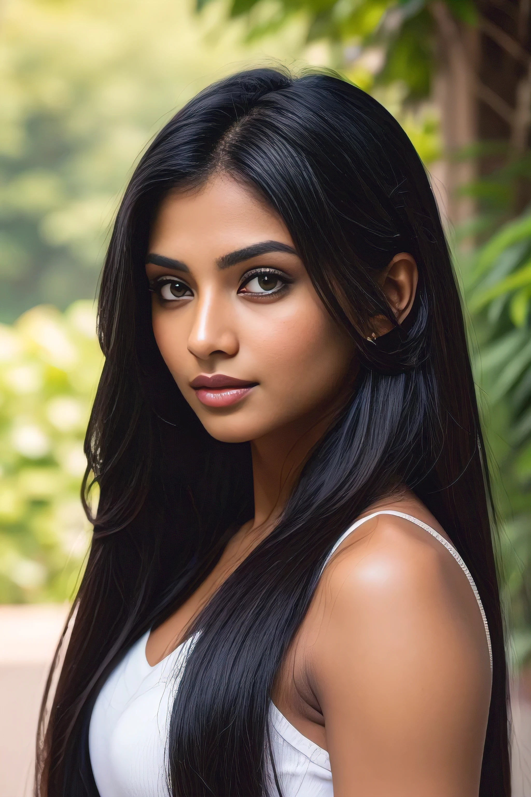 Perfect south asian woman, super long hair, dark hair, nose ring, dark skin, green eyes, perfect lips, fashion model