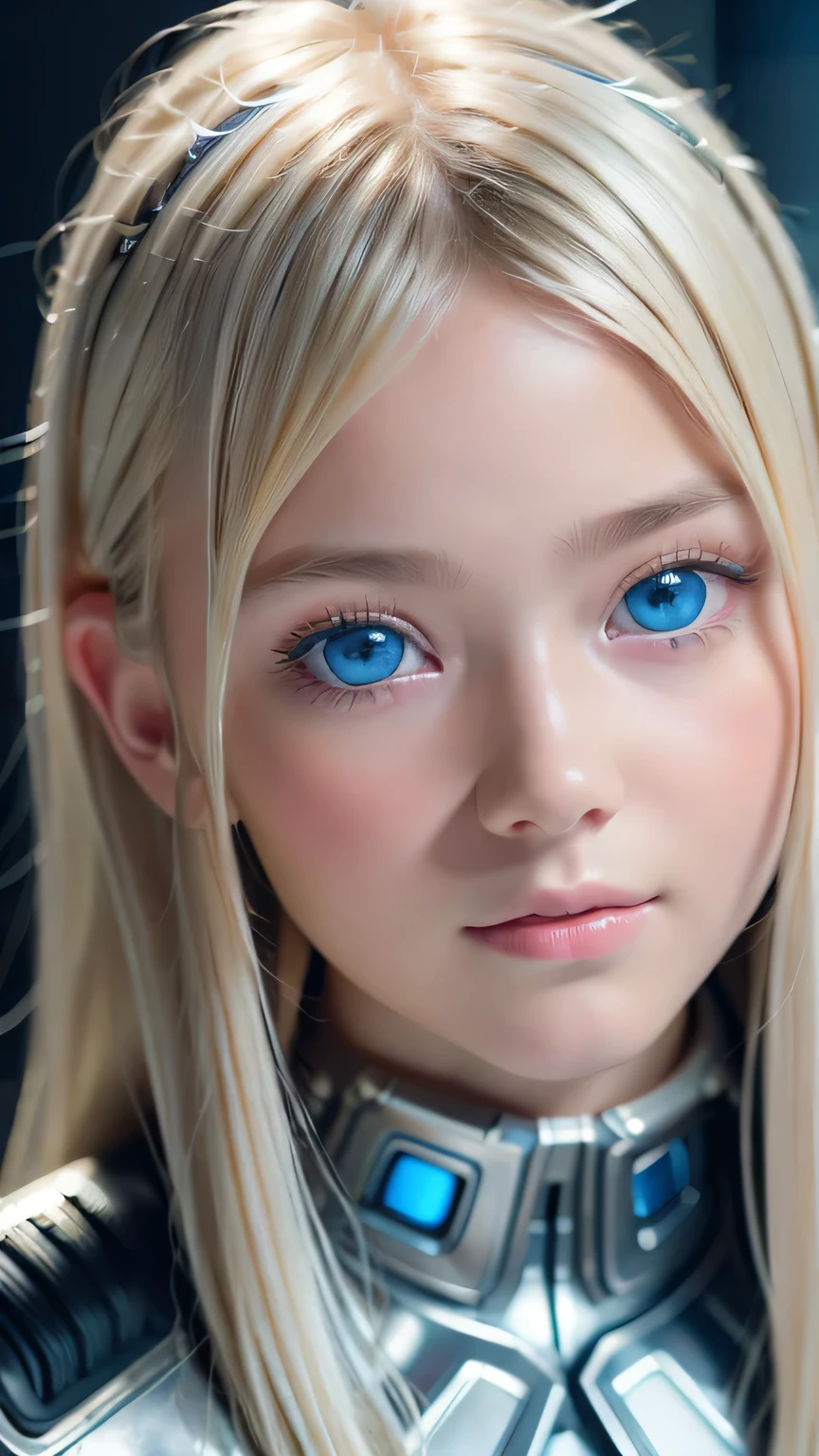 highest quality、8k Masterpiece、Ultra-high resolution、(Realistic:1.3)、RAW Photos、14 year old Scandinavian girl with shiny blonde hair、Silvery blonde hair、Super long straight hair、Bangs between the eyes、Bangs that cover the eyes、片Bangs that cover the eyes、Bangs between the eyes、White and glowing skin、1. Cyberpunk Super Beautiful Soldier、((Ultra-Realistic Details))、Portraiture、Global Illumination、Shadow Realm、Octane Rendering、8k、Ultra Sharp、Metal、Cool colors、、Very intricate detail、Realistic Light、Trends of the CG Association、so beautiful, Big bright blue eyes、Very big eyes、Eyes shining at the camera、Neon Details、Small Face Beauty、Round face、Cheek highlight
