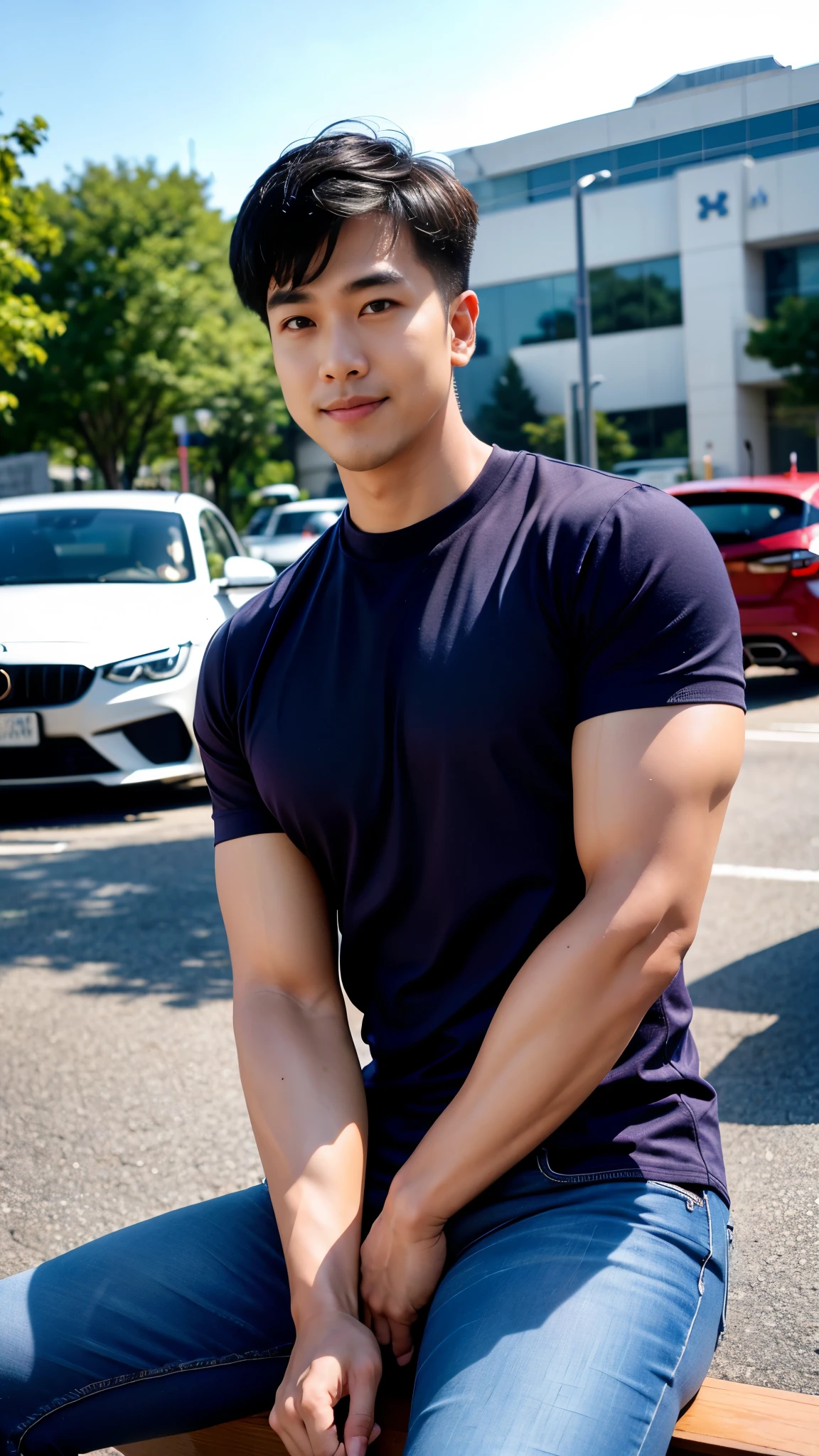1 man in the middle of the picture, smile, (Wear a dark navy round neck shirt., short sleeve shirt ยี่ห้อ under armor), (jeans), (Korean people) , korean men, (Realistic lighting), looking at the audience, Balancing eye contact), in the city, The road is full of cars.,