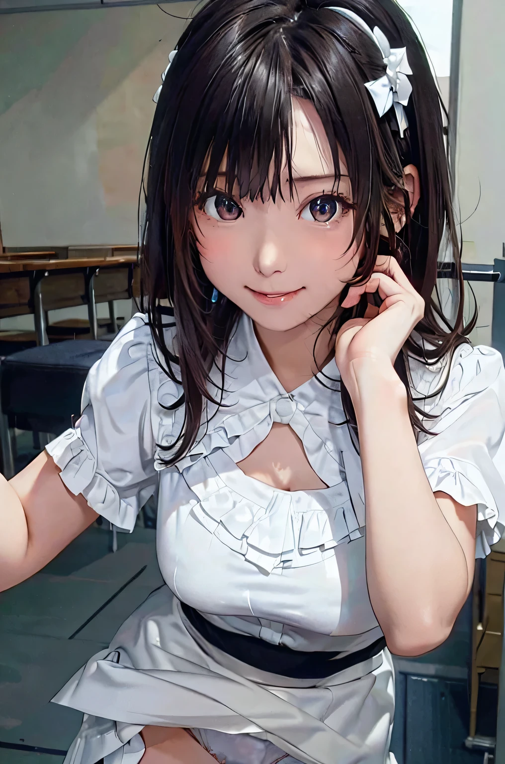 Very cute and beautiful girl、(Very detailedな美しい顔と目: 1.2)、(smile)、blush、Cowboy Shot、(White blouse with fine frills)、Short Sleeve BREAK Standing、(Skirt lifted、White panties: 1.5)、Dynamic Angル、Hair Ribbon、Black Hair、(Scarlet Check Mini Skirt)、classroom、break、Between Buildings、crowd、(highest quality、masterpiece:1.2)、Disturbance、High resolution、Super fine、Very detailed、32k、8k resolution、Detailed Scene、Detailed Background、solo、Dynamic Ang、