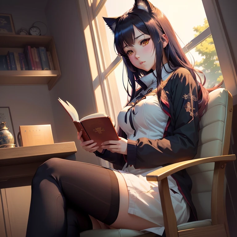 anime girl sitting in a chair reading a book and looking out a window, beautiful anime catgirl, guweiz, artwork in the style of guweiz, very beautiful anime cat girl, anime catgirl, anime cat, seductive anime girl, ilya kuvshinov. 4 k, attractive cat girl, cute anime catgirl, anime style. 8k