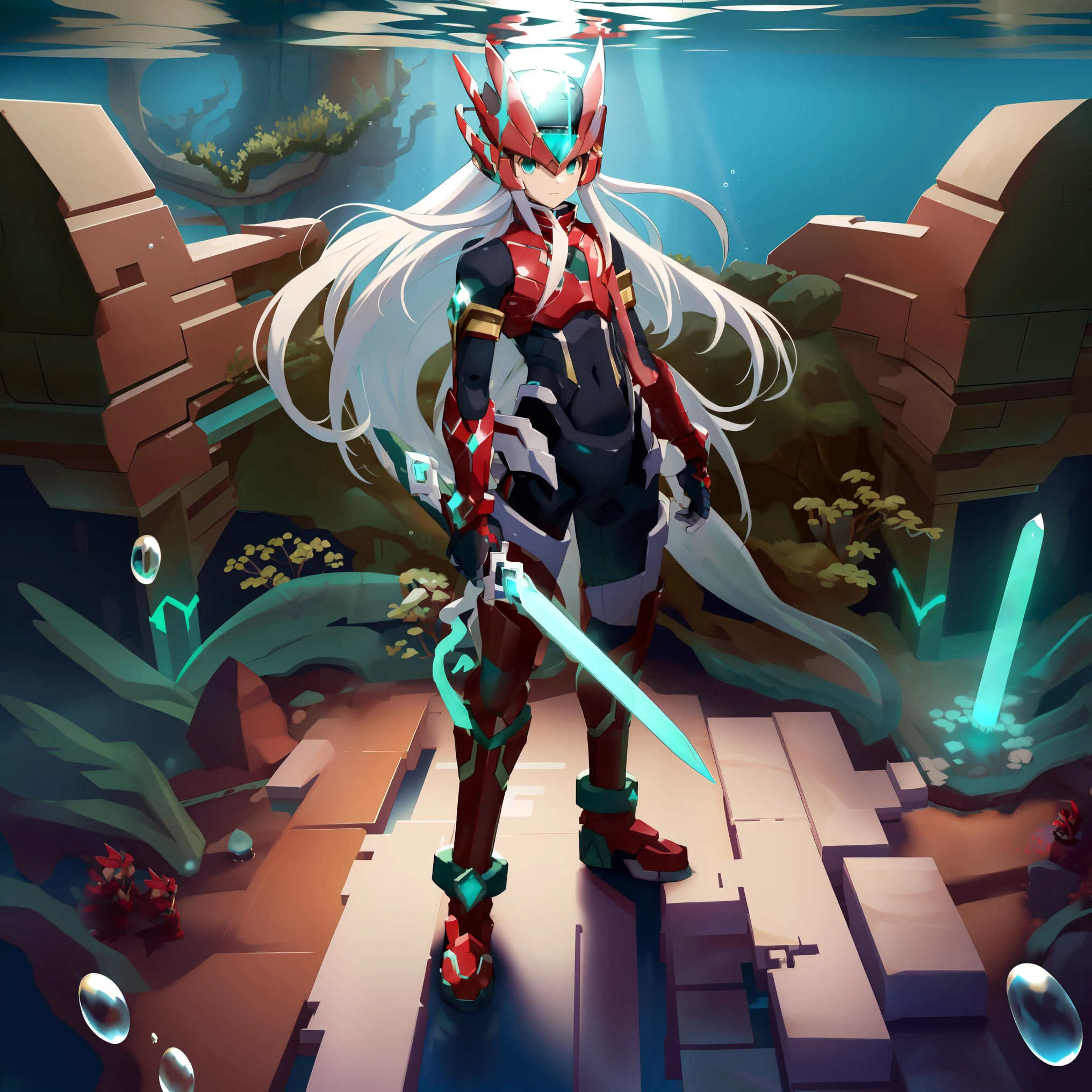 megzeromyth2023, 1boy, long white hair, red armor, green energy sword, high quality, masterpiece, standing in an underwater city with lots of bubbles, in the style of yuumei, intricate architectures, indigo, miniature illumination, daniel f. gerhartz