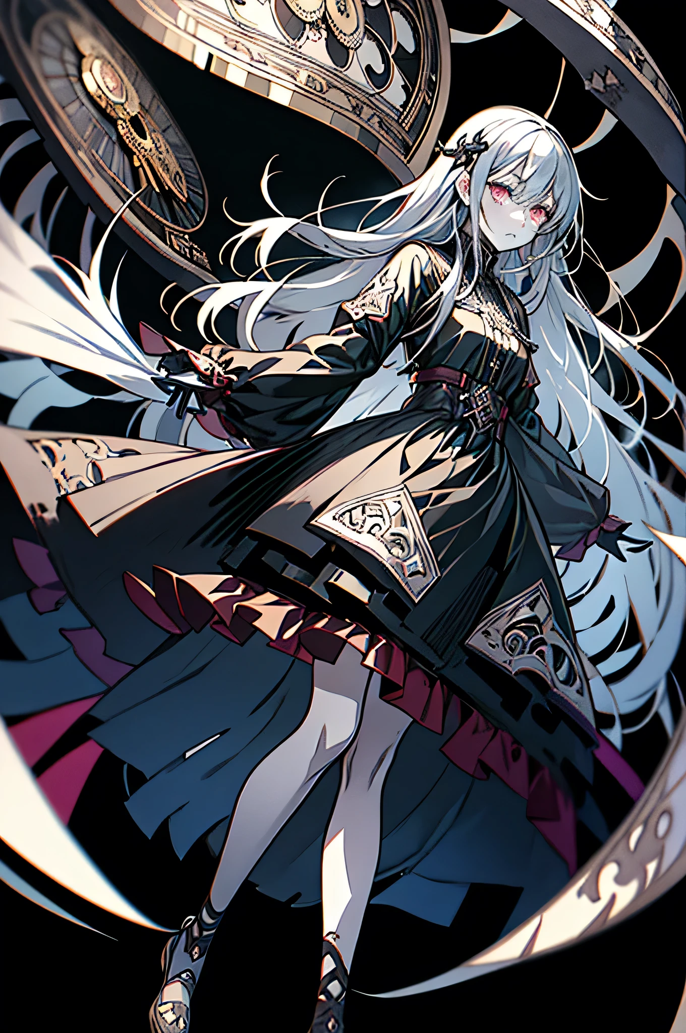 Very long gray hair、Dark eyes、Expressionless、Floating girl、Gothic clothing，(Cool illustration:1.5)、（whole body：1.6），transparent feet、Black and white background　，Redraw Surface，Poker face， There is a big clock behind，The ruined temple，Perish，The End，fantasy,