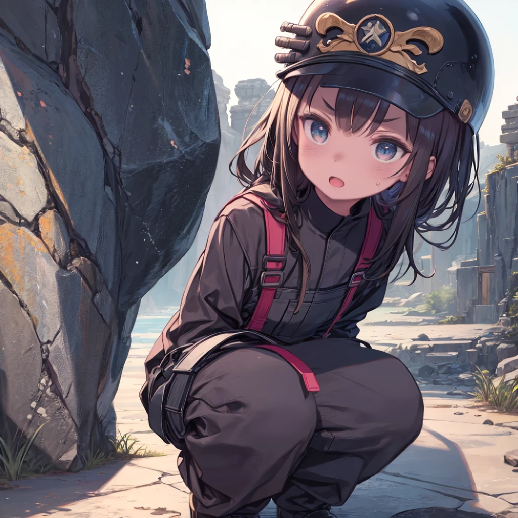 masterpiece、highest quality、High resolution、Very detailed、Medium wide shot、Beautiful eyes、Girl、Helmet with headlight、coveralls、Work clothes、cave、Cave、expedition、stoop down、squat、caveを慎重に進む、Put your hands on the rock wall、Sweat、V-shaped eyebrows、dim、Open your mouth in an O shape、