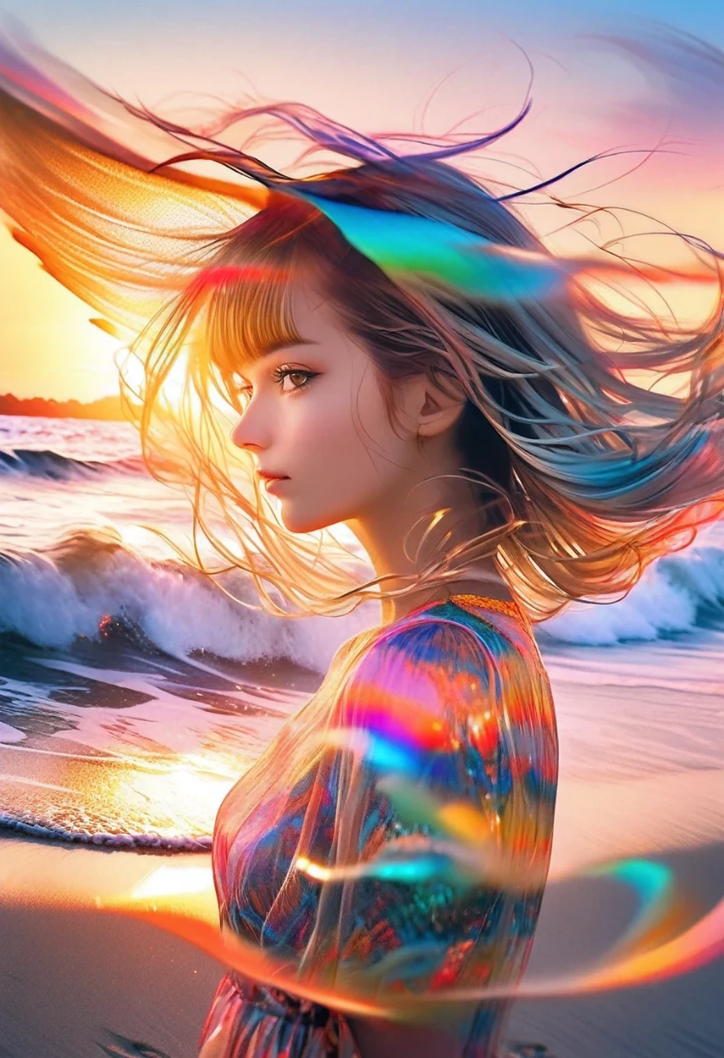 double exposure, raw photo:1.2, masterpiece, highest quality, 16k, unbelievably absurd, very detailed, perfect beauty, (sunset sandy beach, gently wind, gently wave, colorful shells), beautiful cute girl, in a beautiful pose, modern sauvage bob hair, through bangs,raw photo, portrait, vibrant colors