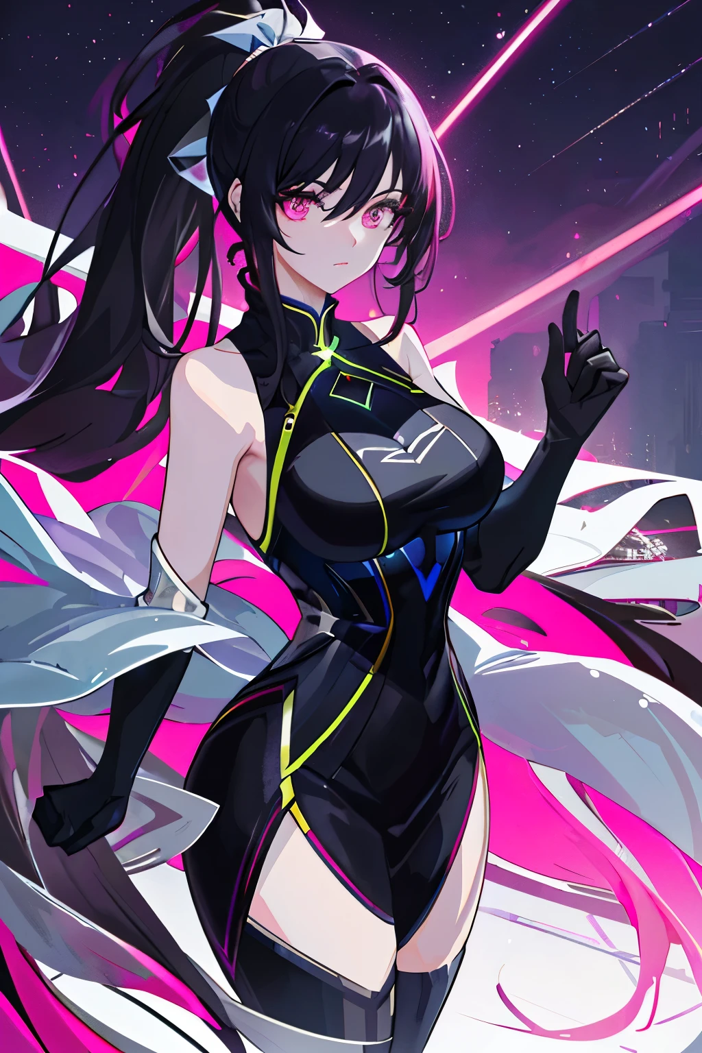 anime, masterpiece, ultra-detailed, high-contrast artwork, featuring a solo, full-bodied, plus-size woman from Brazil, standing on the edge of a towering skyscraper with long, silvery hair tied in a ponytail, her eyes as deep and radiant as ruby gems. She is dressed in a simple black qipao, accented by black cybernetics adorned with neon pink lights. Her transparent black socks add an ethereal touch.
The setting is the roof of the skyscraper, overlooking a city bathed in the soft glow of distant lights and low light pollution. The detailed background showcases the glimmering