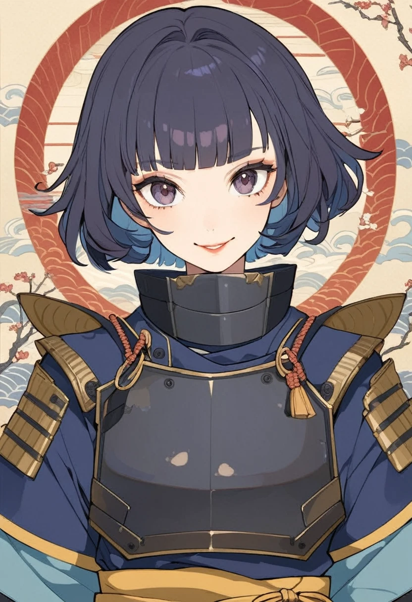 (masterpiece, best quality:1.1),
(8k, best quality, masterpiece, ultra highres, ultra-detailed:1.2) ,flat color,({Mia},1girl,tween,beautiful detailed face,(navy hair-color),(wavy-short hair),parallel eyebrows,navy eyes with large brown irises,blunt bangs,small nose, fresh lips,small chin,small breasts,small hip,(5feet tall)), smile,Ninja armor,Ukiyo-e style illustration,dynamic pose,beautiful lighting,