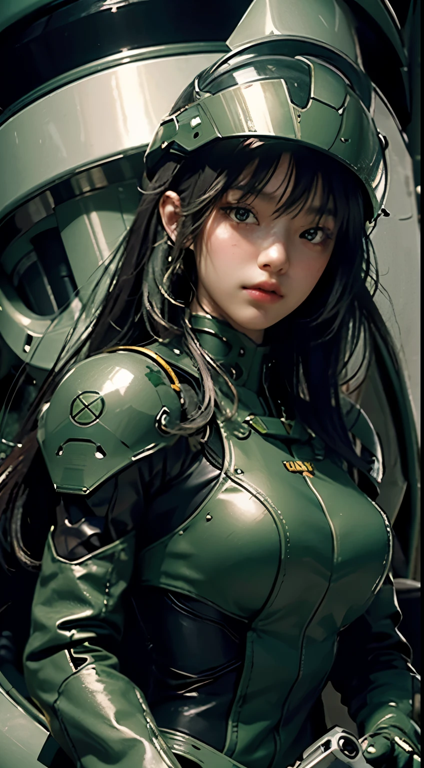 Highest image quality, outstanding details, ultra-high resolution, (realism: 1.4), the best illustration, favor details, highly condensed 1girl, with a delicate and beautiful face, dressed in a black and green mecha, wearing a mecha helmet, holding a directional controller, riding on a motorcycle, the background is a high-tech lighting scene of the future city.