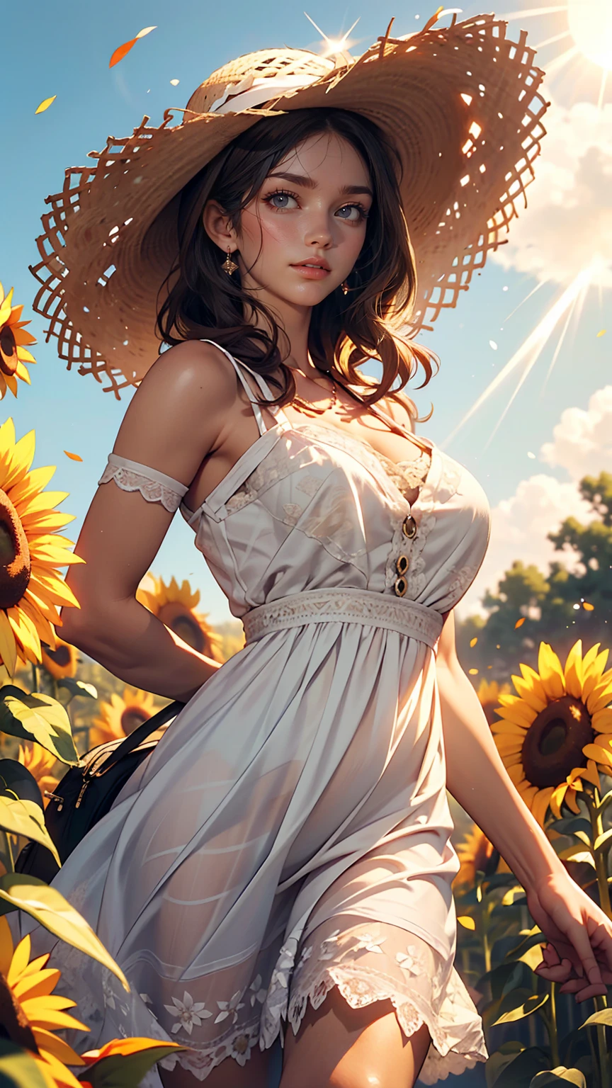 Send it,One girl,alone, (White lace dress:1.2),loose fitting dress (sun visor hat:1.2), Sunflower field, Under the sunlight, A light smile,View your viewers, Wind, dynamic, Strong light and shadow,dynamic pose,