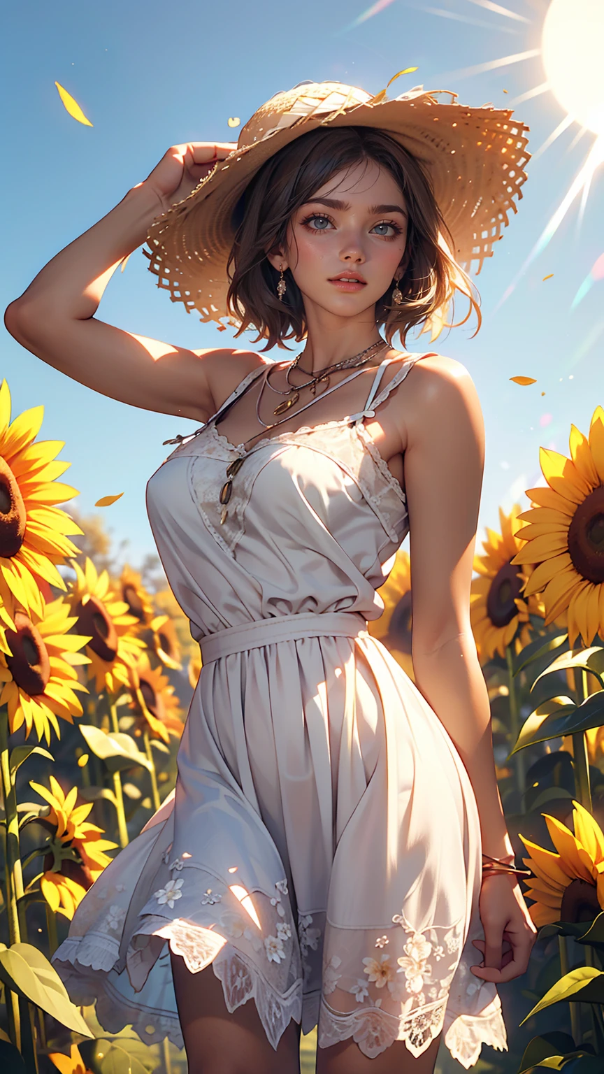 Send it,One girl,alone, (White lace dress:1.2),loose fitting dress (sun visor hat:1.2), Sunflower field, Under the sunlight, A light smile,View your viewers, Wind, dynamic, Strong light and shadow,dynamic pose,