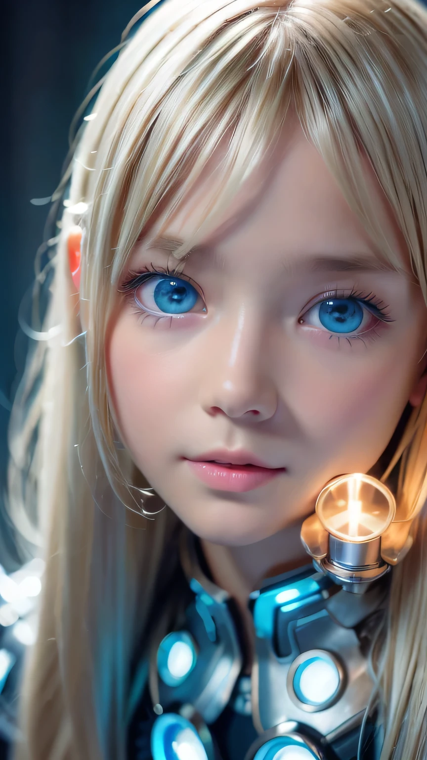 highest quality、8k Masterpiece、Ultra-high resolution、(Realistic:1.3)、RAW Photos、 Scandinavian girl with shiny blonde hair、Silvery blonde hair、Super long straight hair、Bangs between the eyes、Bangs that cover the eyes、片Bangs that cover the eyes、Bangs between the eyes、White and glowing skin、1. Cyberpunk Super Beautiful Soldier、((Ultra-Realistic Details))、Portraiture、Global Illumination、Shadow Realm、Octane Rendering、8k、Ultra Sharp、Metal、Cool colors、、Very intricate detail、Realistic Light、Trends of the CG Association、so beautiful, Big bright blue eyes、Very big eyes、Eyes shining at the camera、Neon Details、Small Face Beauty、Round face、Cheek highlight