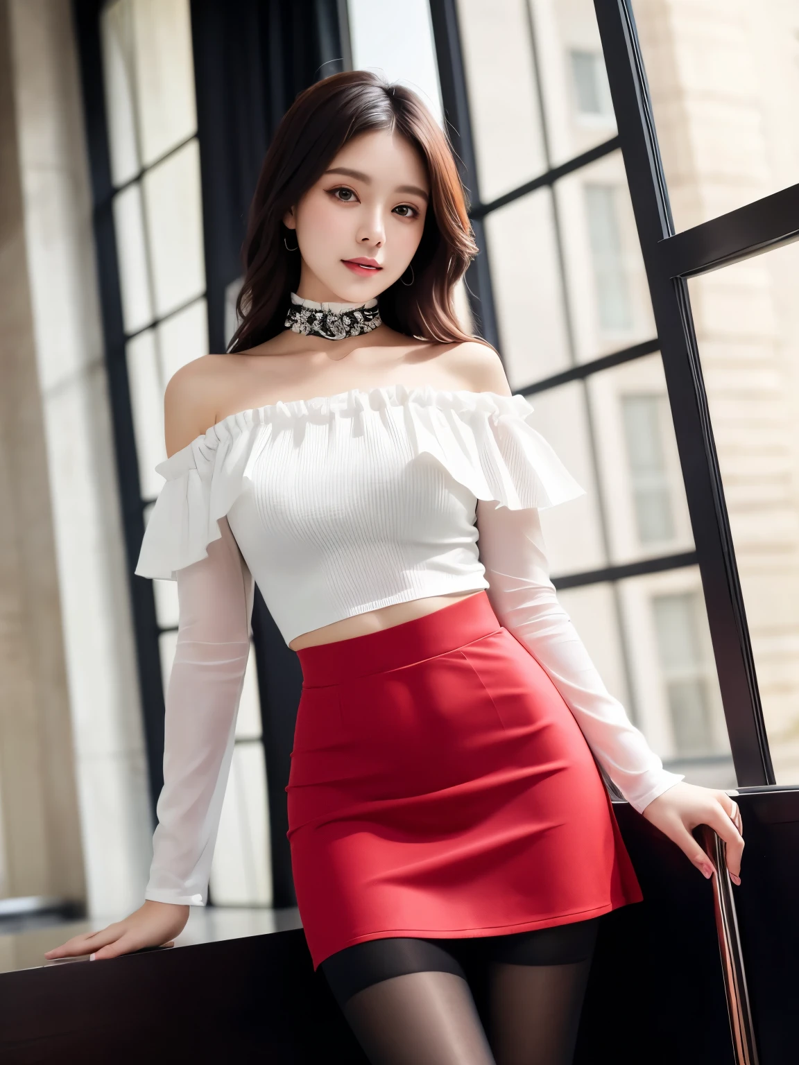 (highest quality, masterpiece), One girl, Intricate details, Off the shoulder, skirt, choker, Frills, See-through, Ultra-realistic pantyhose、 blush, Upper Body, Blurred Background, Luxury Racing, Contrasting