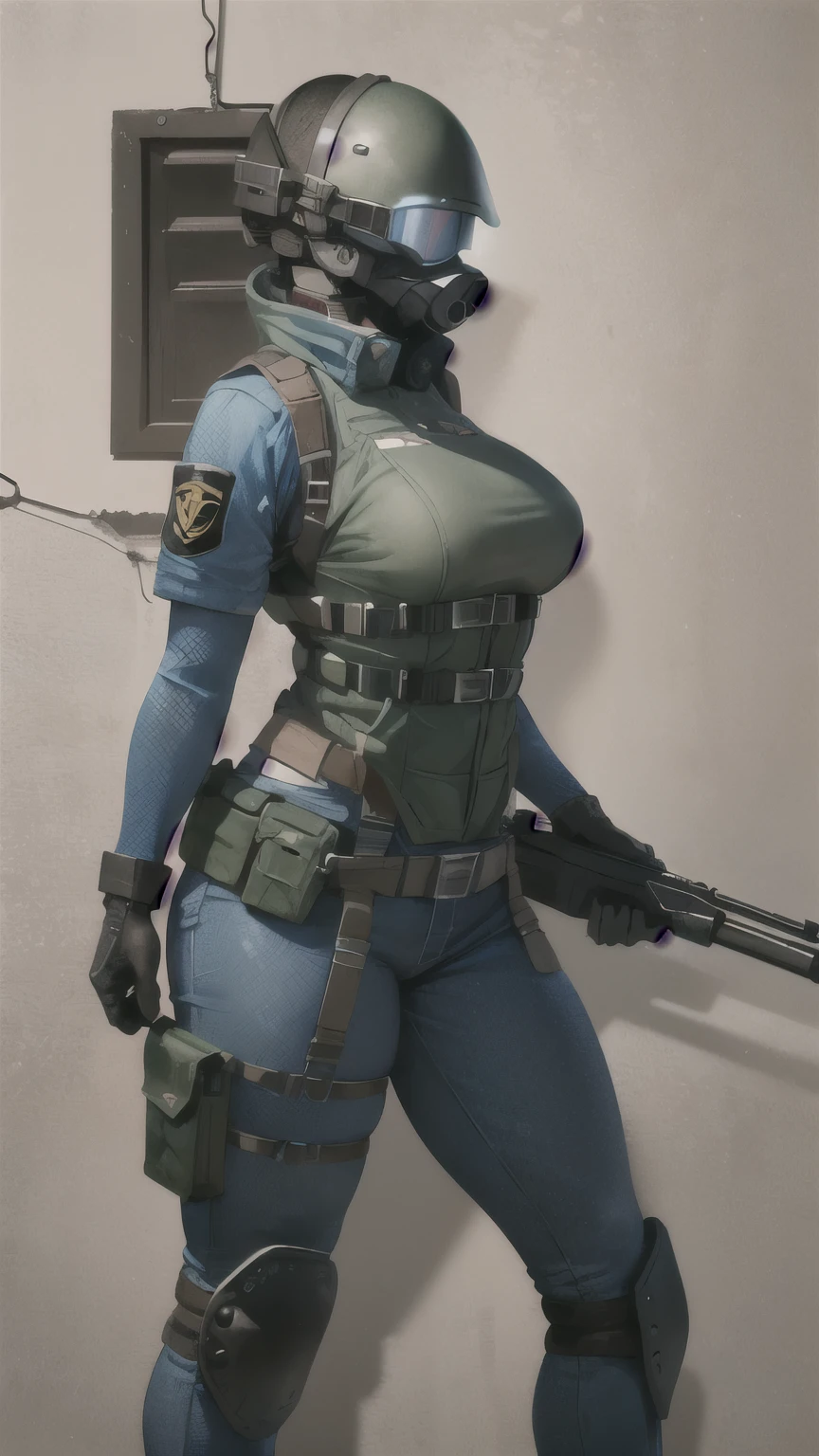 combine soldier, 1girl, solo, standing, helmet, gloves, looking at viewer, facing viewer, military, science fiction, jumpsuit, bulletproof vest, breasts, wide hips, skintight, combat boots, coat around waist, mechanic girl, holster, chest rig, ammo pouches, satchel, toolbelt, vest collar, body armor, shoulder pads, thigh pads, kneepads, armor, high quality shadows, glowing eyes, straps, shotgun shells, menacing, thick thighs, riot gear, riot helmet, bullet proof visor, padded armor, viewing side, helmet accessories, accessories, skin indentation, large breasts,