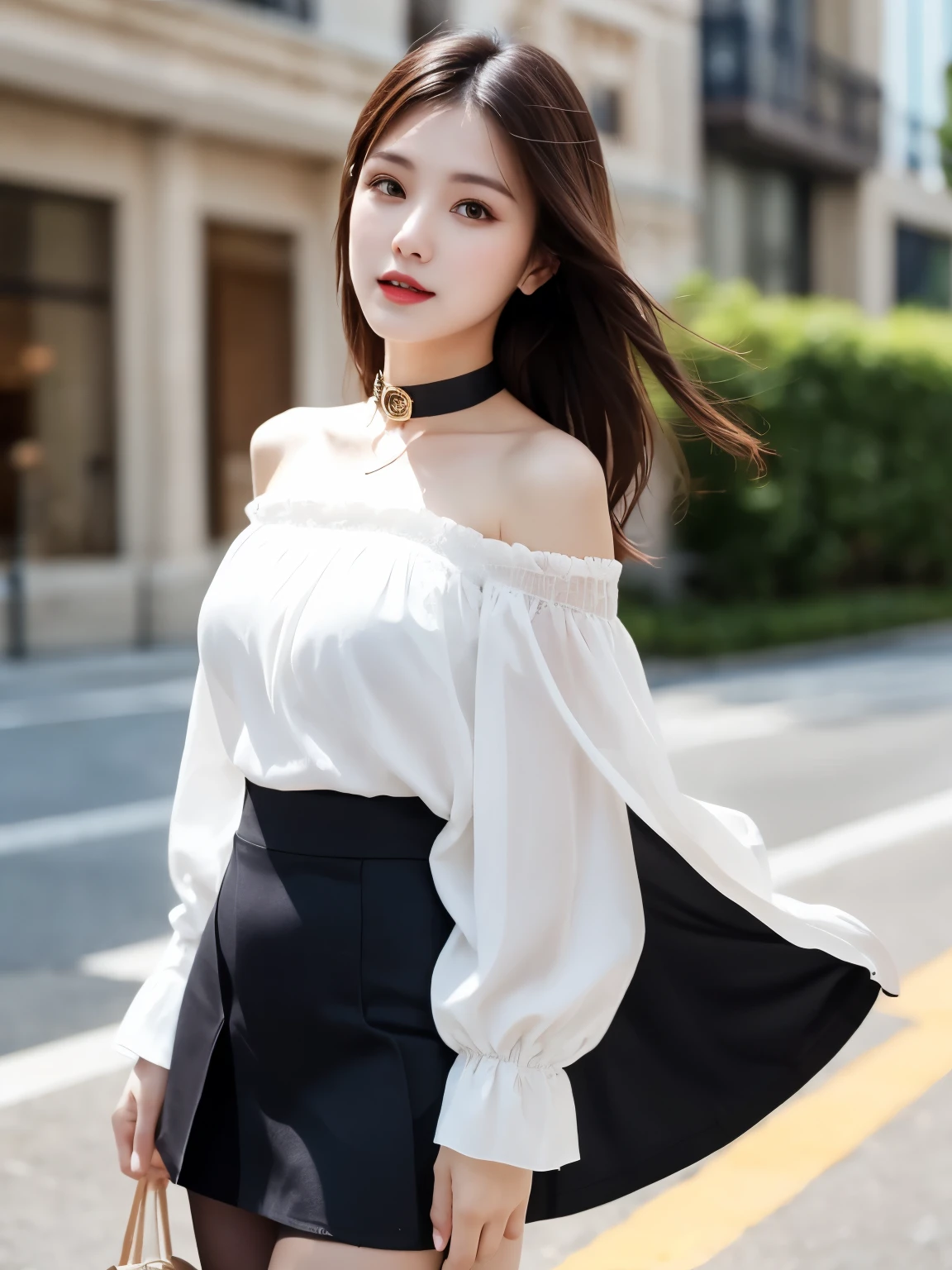 (highest quality, masterpiece), One girl, Intricate details, Off the shoulder, skirt, choker, Frills, See-through, Ultra-realistic pantyhose、 blush, Upper Body, Blurred Background, Luxury Racing, Contrasting