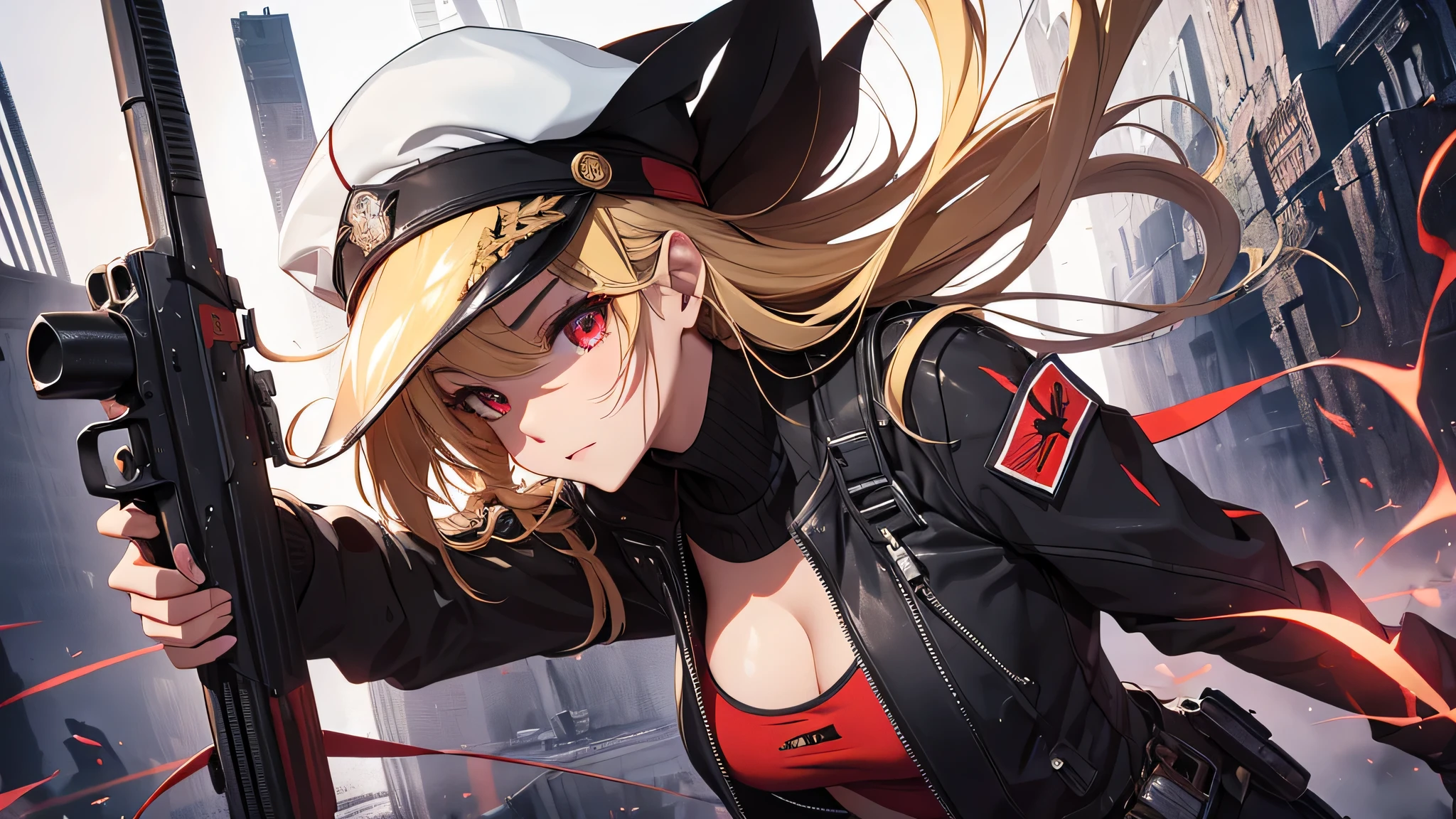 最high quality、Best image quality、masterpiece、girl((Age 25、 By becoming、Best Bust、Medium Bust,Wide open breast tea、Red glowing eyes,Blonde、Red Mesh、Disheveled Hair、Lointail、thin,The highest valley、Open chest、Luminous Wristbands、hair ornaments、Show the whole body,Black tank top、Red Bandana、Shortuscular、revolver、scar、Military Cap、Shooting Pose、Full body scar、Fighting Pose)),high quality、Beautiful art、background((Photography room))、Flight、Flying debris、Written boundary depth、movie、Visual Arts、Perfect art、8K,Genuine,