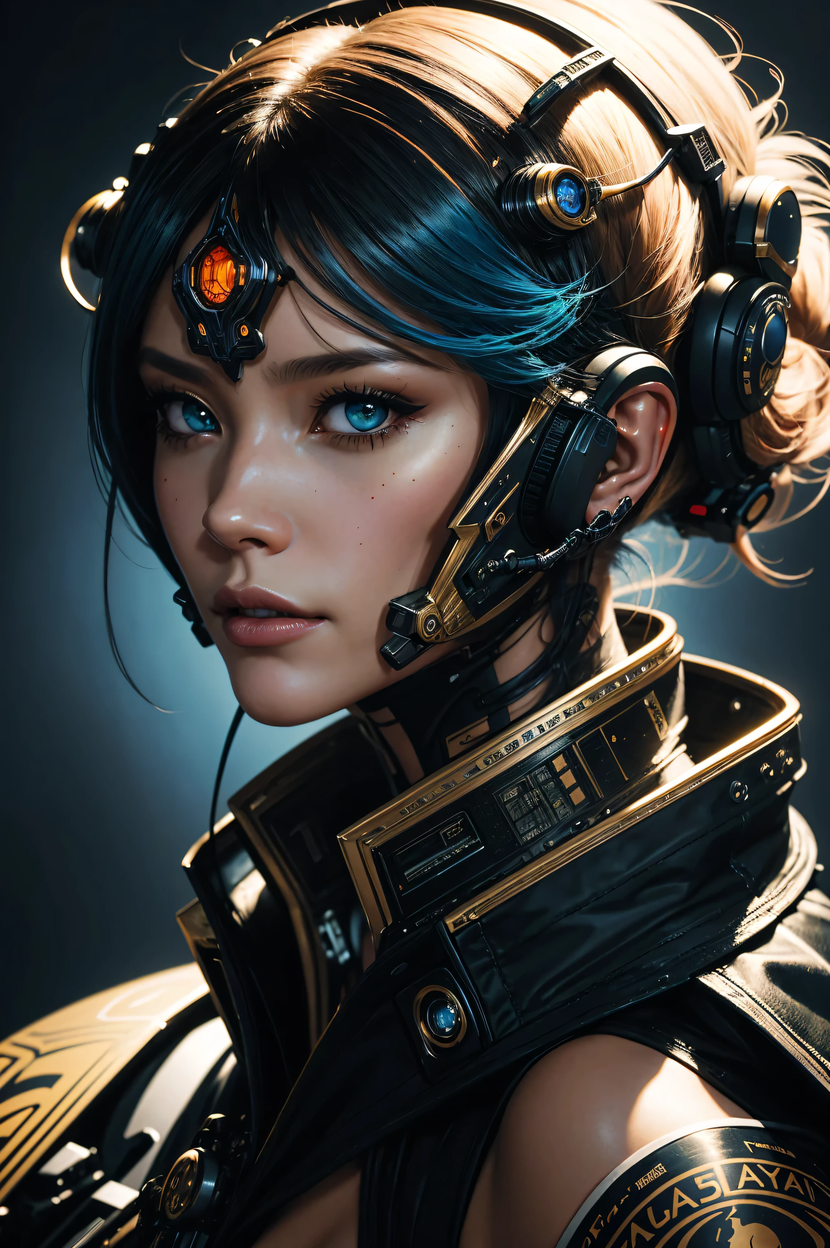Face portrait of an elegant y pilot Abbey Lee, cyborg aircraft parts, an ultrafine hyperdetailed colorfull illustration by kim jung gi, moebius, irakli nadar, alphonse mucha, ayami kojima, amano, greg hildebrandt, and mark brooks, female, feminine, art deco, new baroque, intricate linework, colors by frank frazetta