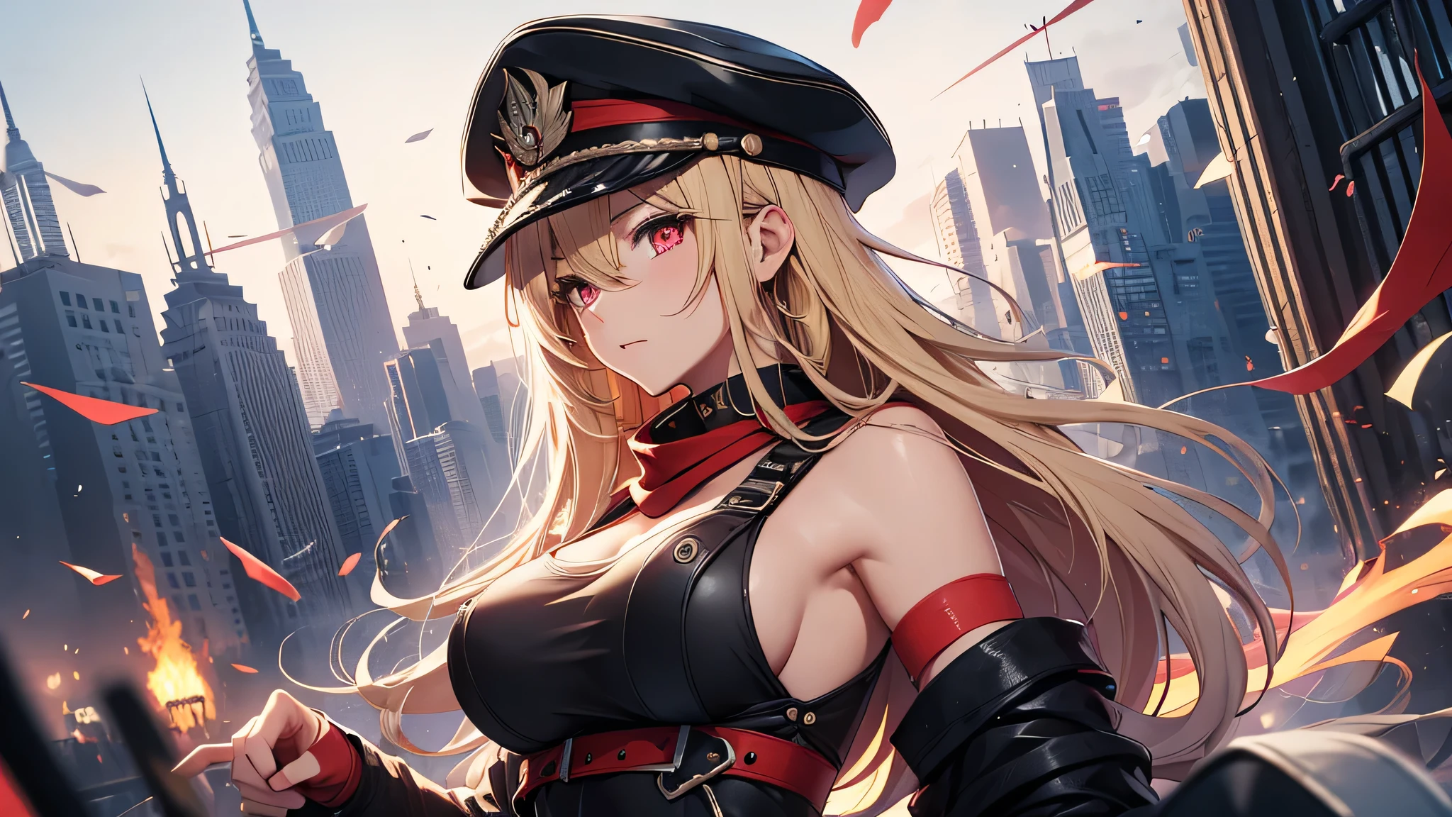 最high quality、Best image quality、masterpiece、girl((Age 25、 By becoming、Best Bust、Medium Bust,Wide open breast tea、Red glowing eyes,Blonde、Red Mesh、Disheveled Hair、Lointail、thin,The highest valley、Open chest、Luminous Wristbands、hair ornaments、Show the whole body,Black tank top、Red Bandana、Shortuscular、revolver、scar、Military Cap、Shooting Pose、Full body scar、Fighting Pose)),high quality、Beautiful art、background((Photography room))、Flight、Flying debris、Written boundary depth、movie、Visual Arts、Perfect art、8K,Genuine,