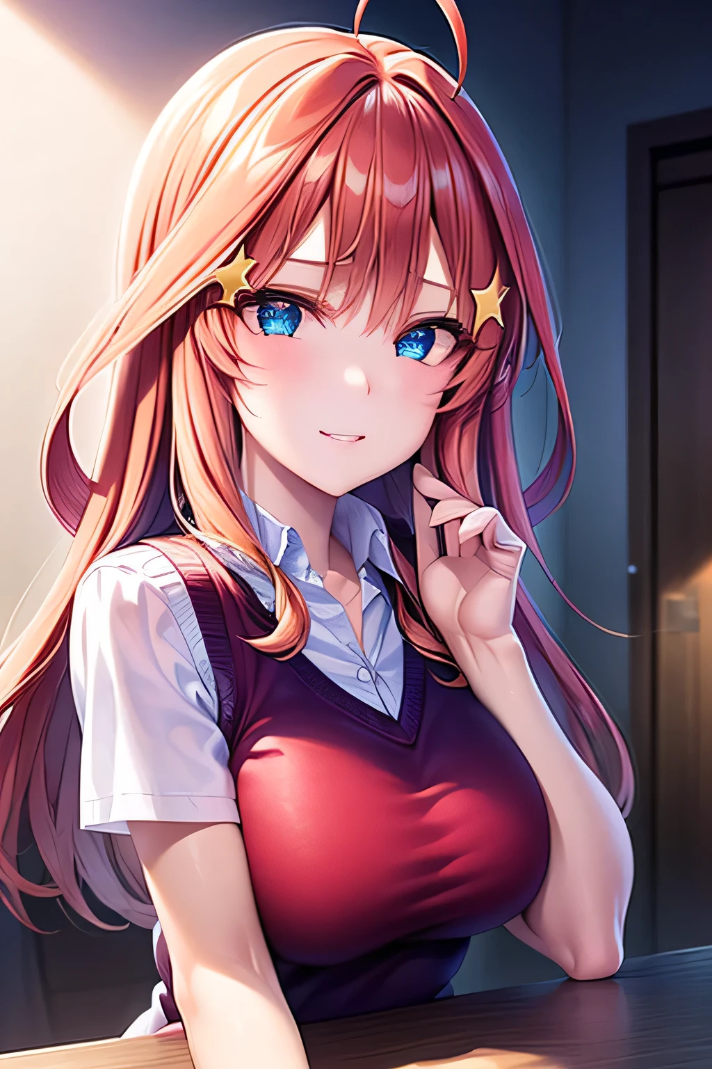 (masterpiece:1.2), best quality, high resolution, unity 8k wallpaper, (illustration:0.8), (beautiful detailed face:1.2, beautiful detailed eyes:1.2), perfect lighting, extremely detailed CG, (perfect hands, perfect anatomy),
Cute, beautiful, charming lady, shiny hair, lustrous skin, beautiful light big eyes,
milf, married woman, soft With a gentle appearance and a gentle mother-like atmosphere,
Feminine style, beautiful kubire, beautiful, naughty face,
itsuki_a, long hair, ahoge, red hair, blue eyes, large breasts, star hair ornament, hair ornament, , red sweater, sweater vest, short sleeves, shirt, white shirt, green skirt, pleated skirt, white socks, high socks, loafers, dark brown loafers,