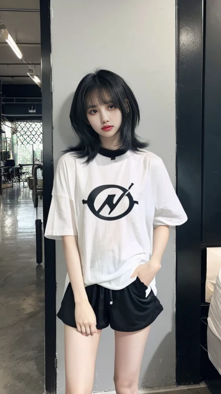Black shorts、There is a white border on the hem、There is a slight slit at the hem、Very short pants、Small Ass、Beautiful Skin、Beautiful thighs、Stylish、Long legs、sporty design、Short Bob、Oversized white T-shirt、Clothes that show underwear lines