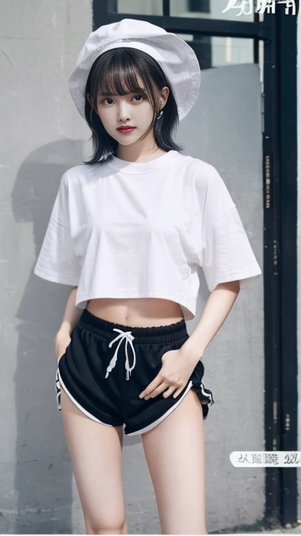 Black shorts、There is a white border on the hem、There is a slight slit at the hem、Very short pants、Small Ass、Beautiful Skin、Beautiful thighs、Stylish、Long legs、sporty design、Short Bob、Oversized white T-shirt、Clothes that show underwear lines
