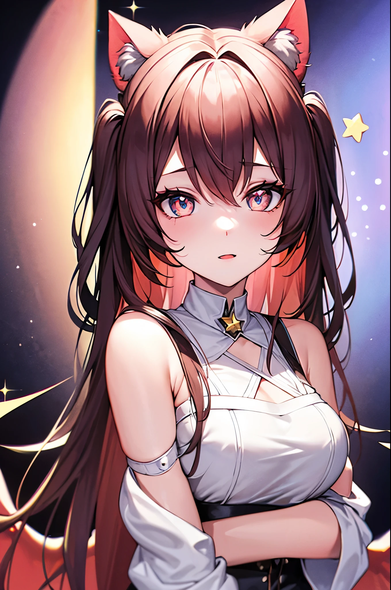 (masterpiece, highest quality), ((One girl, (Mature Woman) Long Hair), (Star-shaped pupils,  +_+, Symbol-shaped pupil, Sparkling eyes), (Cat ear, Open your mouth)), (View your viewers, A light smile, Off the shoulder), (Abstract, Multicolored background, Abstract background, chromatic aberration), vampire, There was blood on my face., Blood on clothes, Bat Wings