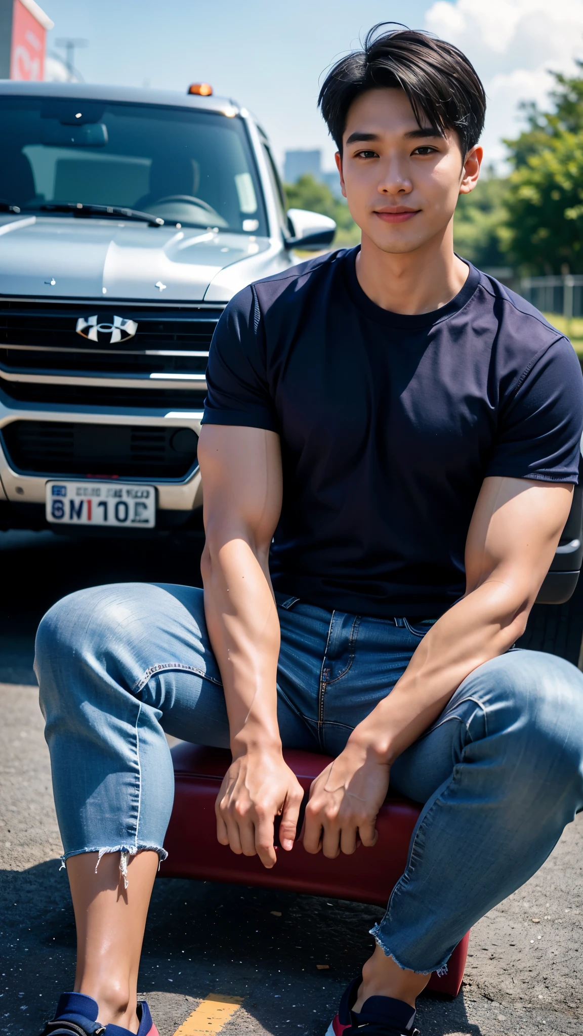 1 man in the middle of the picture, smile, (track suit, Dark navy color, short sleeve shirt ยี่ห้อ under armor), (jeans), (Korean people) , korean men, (Realistic lighting), looking at the audience, Balancing eye contact), in the city, The road is full of cars., Backpack