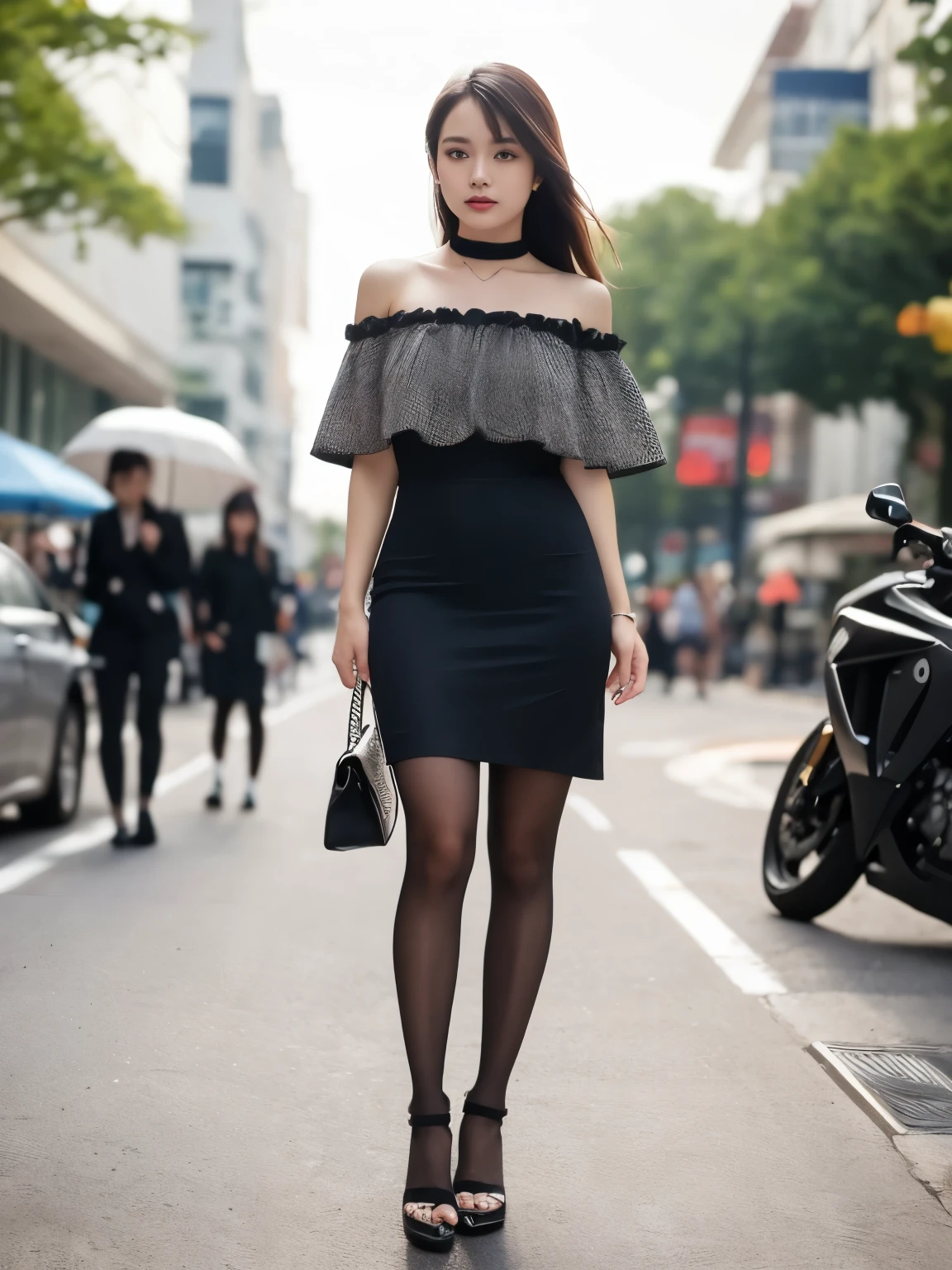 (((masterpiece))), (((highest quality: 1.4))), ((Super Detail: 1.4)) ,ulzzang-6500-v1.1, (Raw photo:1.2), (Photorealistic), (See-throughな:1.3), (Genuine:1.4), (Full Body Shot:1.4), One girl, Intricate details, Off the shoulder, skirt, choker, Frills, See-through, Ultra-realistic pantyhose、 blush, Upper Body, Blurred Background, Luxury Racing, A sharp gaze with contrast、attractive, captivating and mesmerizing, Sexy Girls, amazing, skin tight dress, Japanese Model, Natural Skin Shader, Volumetric, Warm shades beneath her skin, 