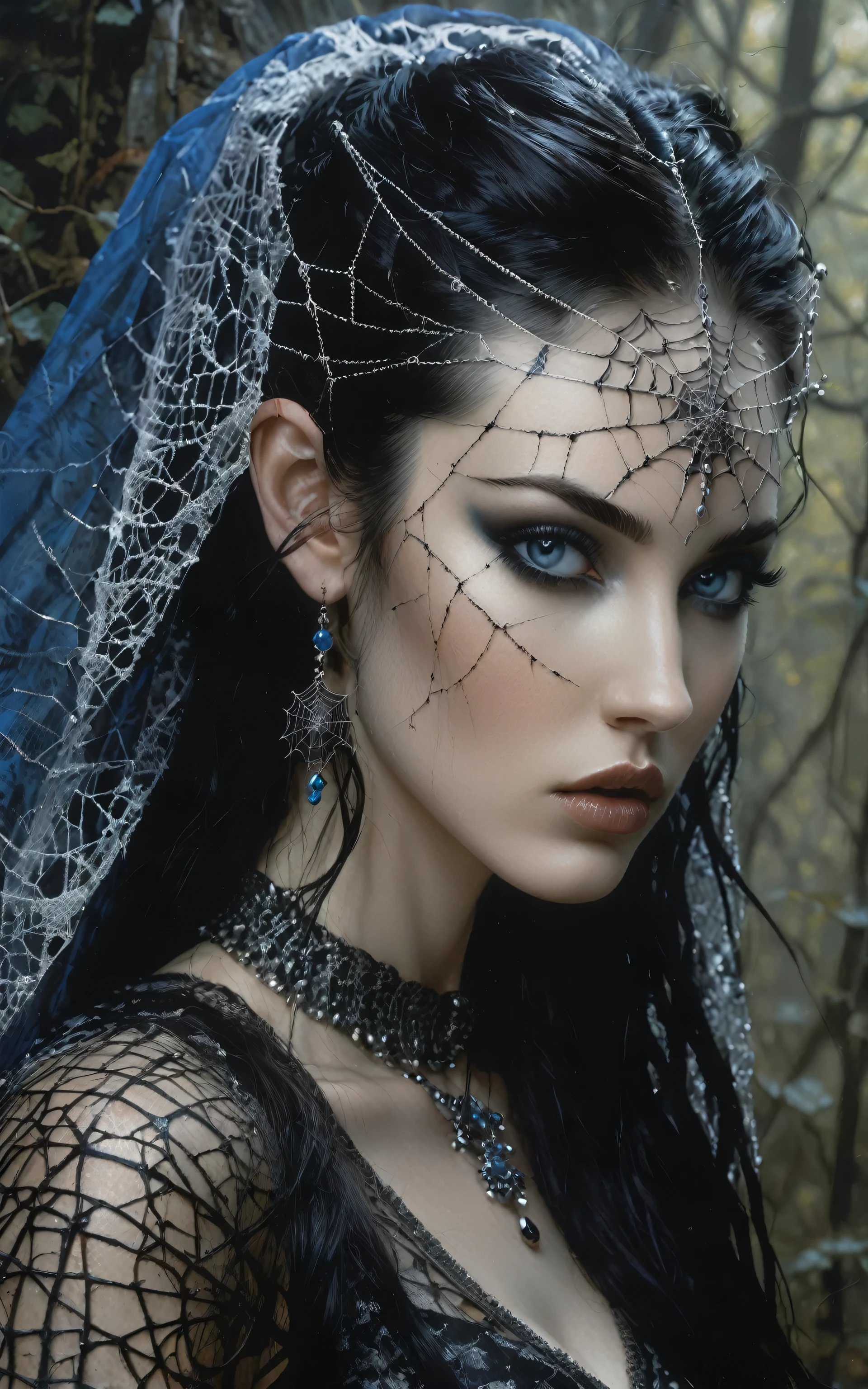 a woman with a spider web on her head, slender, full length, a photorealistic painting inspired by Luis Royo and David Choe, tumblr, gothic art, pale skin and dark eyes, with long hair and piercing eyes, cute face. dark fantasy, black hair and large eyes, dark piercing eyes, dark goth queen with blue eyes, wonderful dark hair, photo realistic, full height