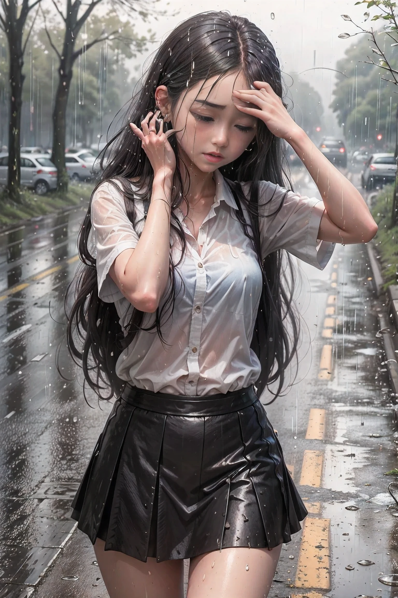 a beautiful girl crying in the countryside road, rainy, trees around the road, standing while wiping tears, wet shirt, use skirt, long hair, black hair, a bit thick