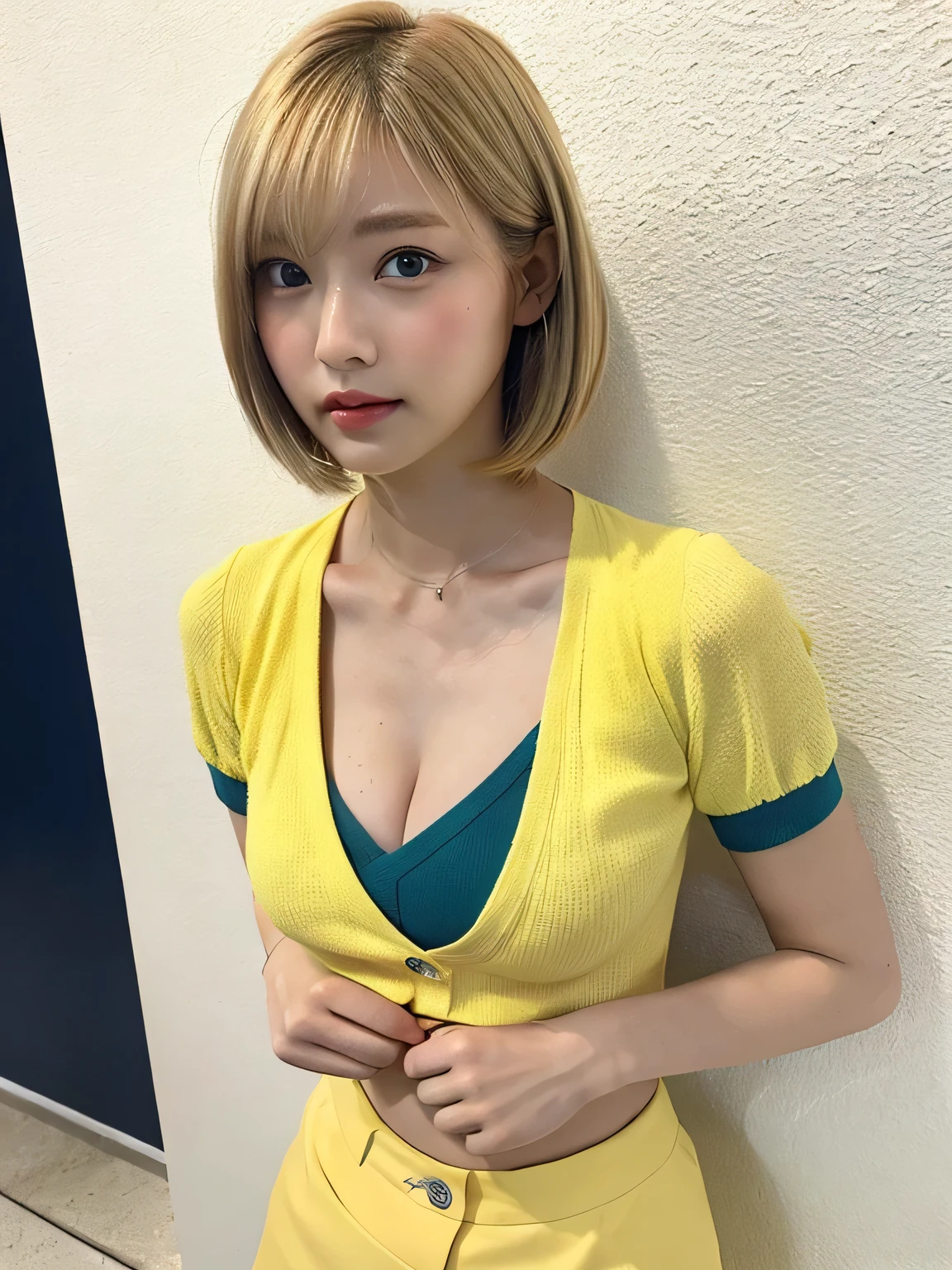 one person、Blonde、whole body photos、Yellow polo shirt、Cleavage、Green mini skirt、fun、Blonde、、whole body、slender、woman、White drool coming out of the mouth、Natural short bob hair、 Fair skin,Super cute、Soft and Face、Brown Hair、8k resolution、Surreal、Ultra high definition、 Soft Body、A-cup small breasts((Highest resolution、8k、masterpiece:1.3))、Ultra-fine face、Ultra Fine Lips、Beautiful Eyes、double eyelid,Slender figure、I can see your thighs、Shapely small breasts、Light blue wall