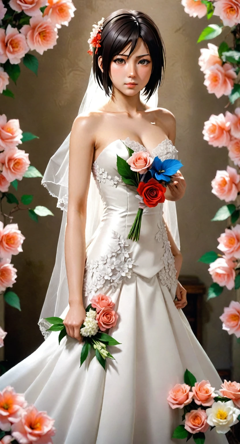 masterpiece:1.2, Best quality), realistic, (Real picture, complex parts, depth of field), (1 girl, One), draw up, parted lips, very detailed, perfect face, (dent in the skin), thick thighs, wide hips, small waist, high, shiny coral lips,, (Girl in a wedding dress with flowers in her hands. )), sexual, blushing, Mikasa from AOT