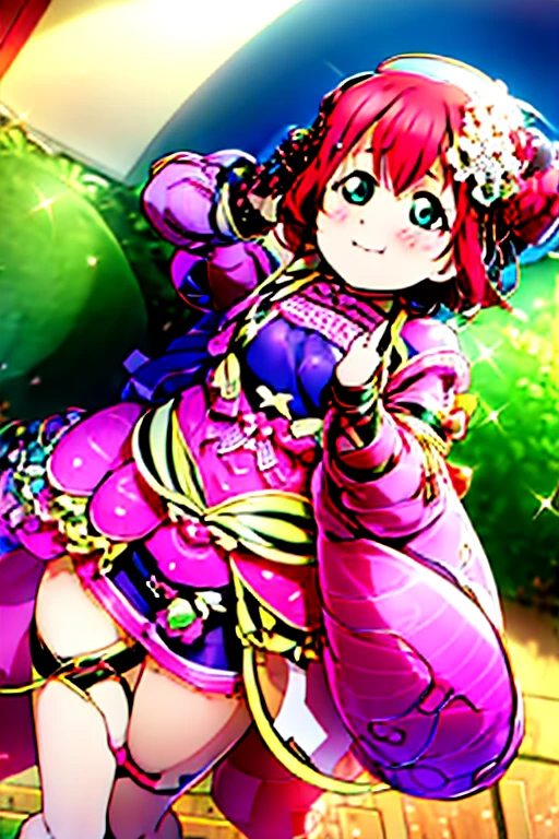 masterpiece, best quality, ultra-detailed, kawaii, cute, lovely, sexy, extremely detailed, 4K, 8K, best quality, beautiful, anime style, evening, a cute girl, 1girl, solo, beautiful eyes, medium breast, smugness, blush,corruption,b34n bodysuit,Mahiru Tsuyuzaki,(clothed),purple armor,armor