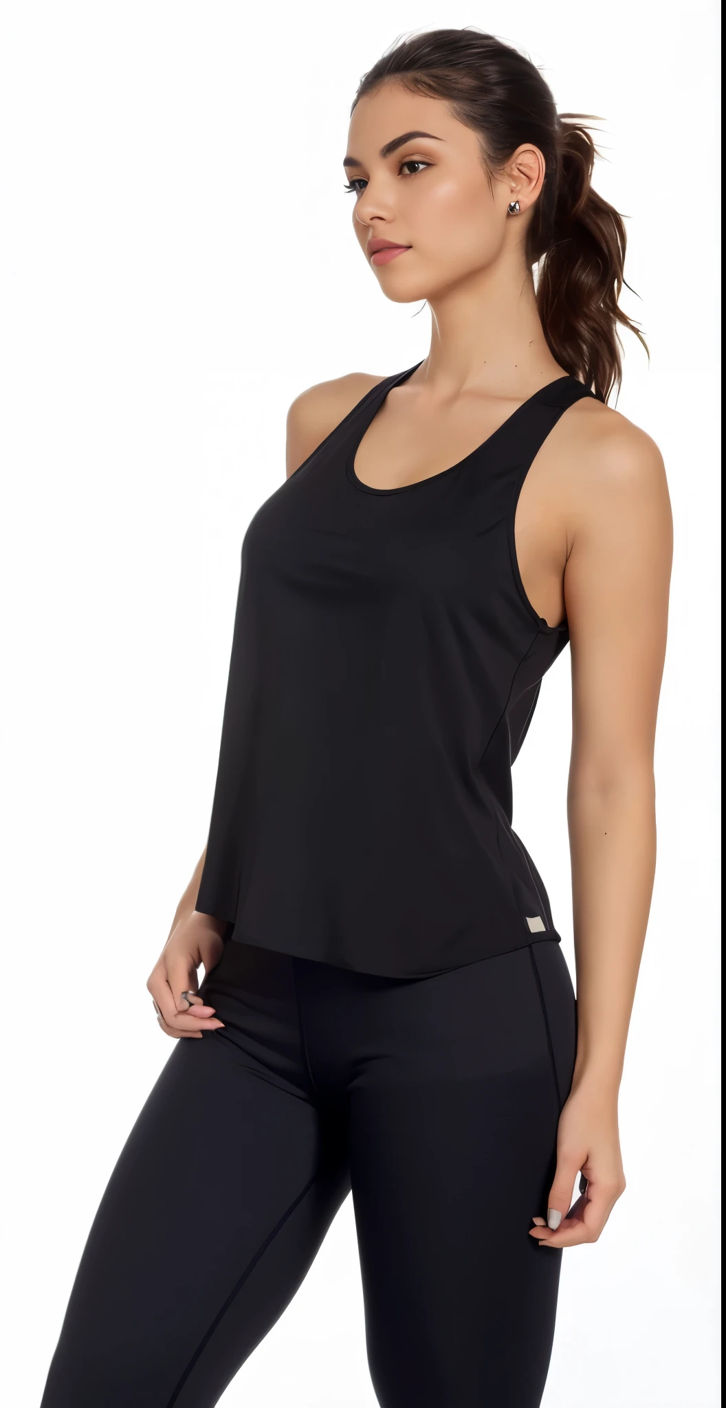 a woman in a preto tank top and leggings poses for a picture, she is wearing a preto tank top, preto tank top, preto tanktop, preto, tight preto tanktop, vestindo regata, Regata justa, wearing a preto cropped tank top, onyx, maxar, foto do produto, wearing a cropped preto tank top, vestindo uma camiseta muscular