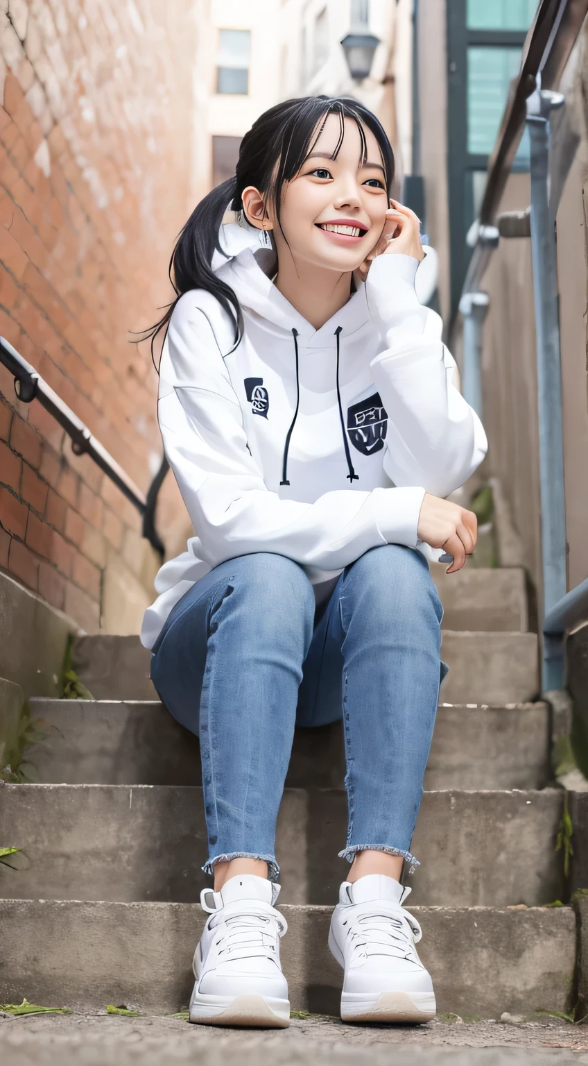 highest quality, Realistic, Very detailed, Finer details, High resolution, 8k wallpaper, One beautiful woman,Sit on the stairs、(Wear black socks)smile、(Beautiful teeth alignment、)(Gums are visible) Oversized hoodie, Skinny jeans,( Black sneakers)、Black Hair、 Beautiful Bangs、ear piercing、Perfect dynamic composition, Beautiful and detailed, Full Body Shot, A big smile