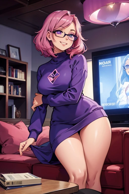 A pink haired woman with violet eyes with an hourglass figure with glasses in a cute sweatshirt dress is holding a movie in a living room with a big smile