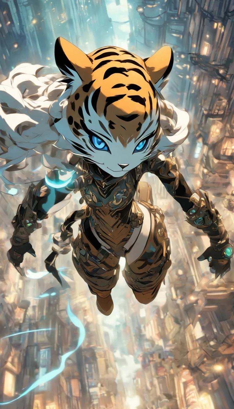 Chinese ink style，Steampunk world，Tiger-shaped steampunk warframe girl，Jet steam is suspended in the city air，Ink animation art，Ink comic art，water ink，ink，Smudge，8K，Delicately portrayed，Works of masters，Black and white tones