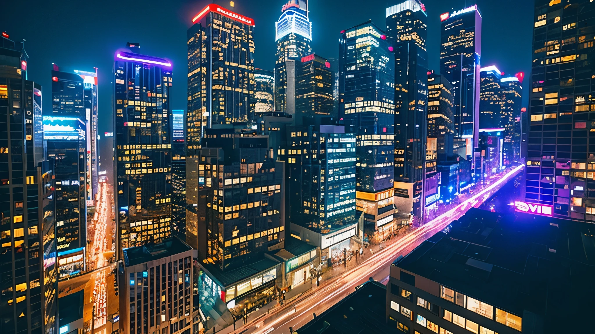 In the downtown area at night、Bright, shiny skyscrapers and busy streets、Colorful advertising in a cityscape
