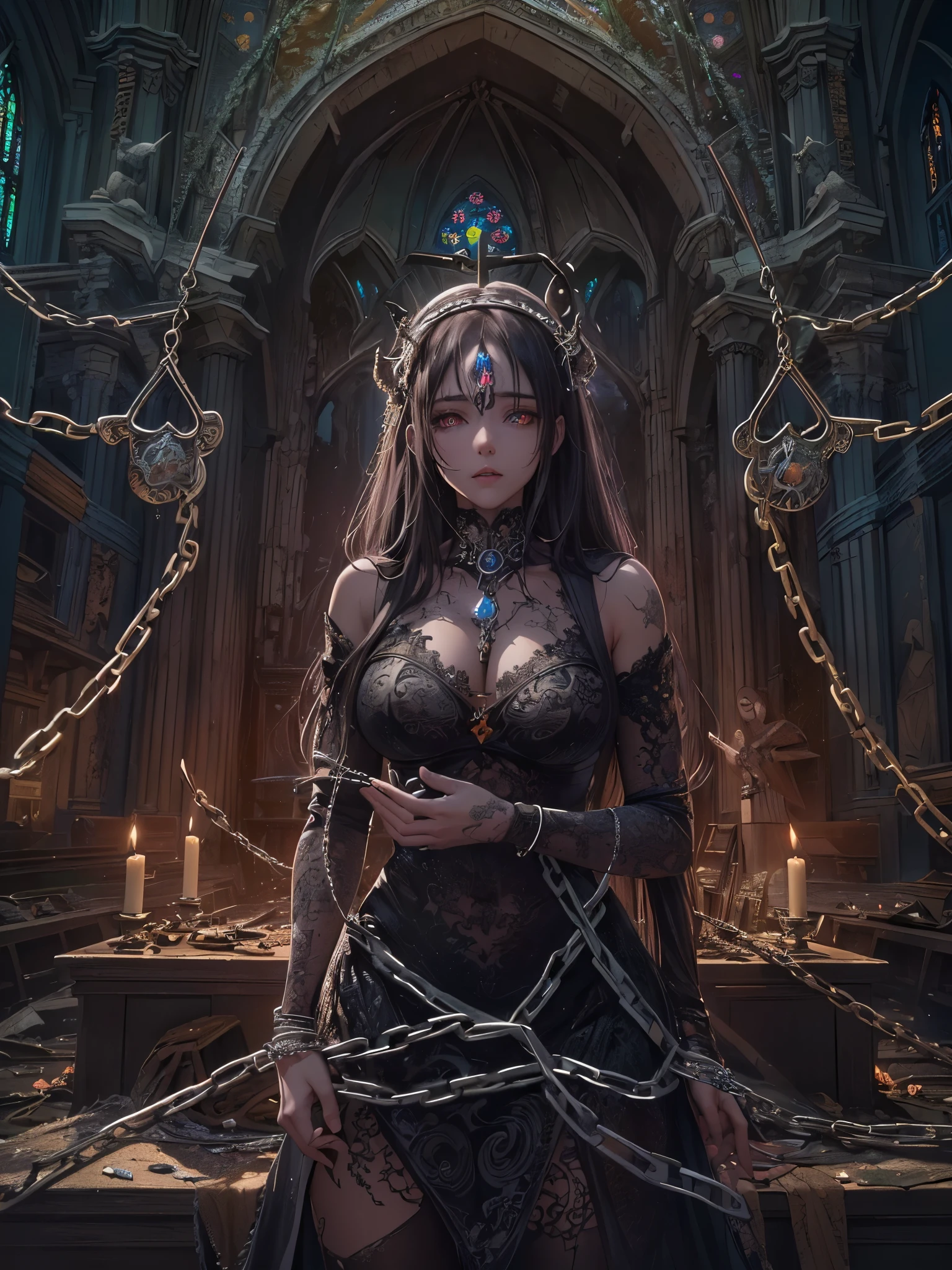 ((highest quality)),(Ultra-high resolution),(Super detailed new),(Detailed Description),((The best CG)),(A masterpiece),Ultra-detailed art,A wonderful new art form,(Fantasy art with intricate detail:1.5), (A female demon restrained by chains:1.3),(Eyes of Madness:1.2), (Abandoned Church Altar at Midnight:1.6)
