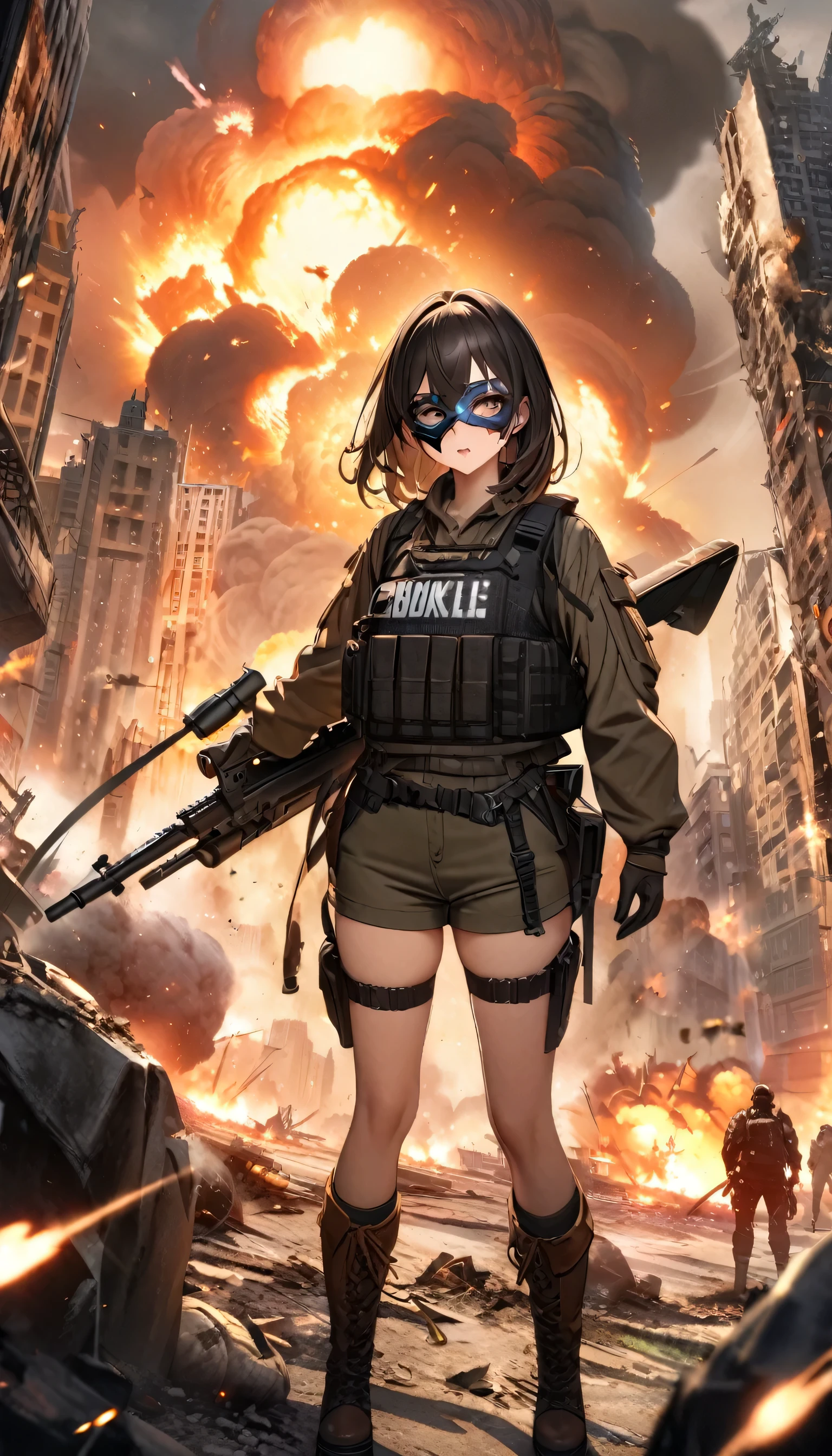 ((high quality)), ((masterpiece)), 8k, One girl, Bulletproof vest, light, Highly detailed CG Unity 8k wallpaper, Game CG, View your viewers, gloves, boots, whole body, clock, computer, mask, Drone, Have a weapon, Jacket, (Background Destroyed city , explosion , cigarette