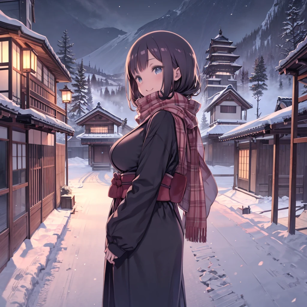 masterpiece、highest quality、High resolution、Very detailed、Medium wide shot、Beautiful eyes、Girl、Big Breasts、On the go、Winter clothes、Scarf、Snow Country、Snow Scene、laughing、Old Japanese House