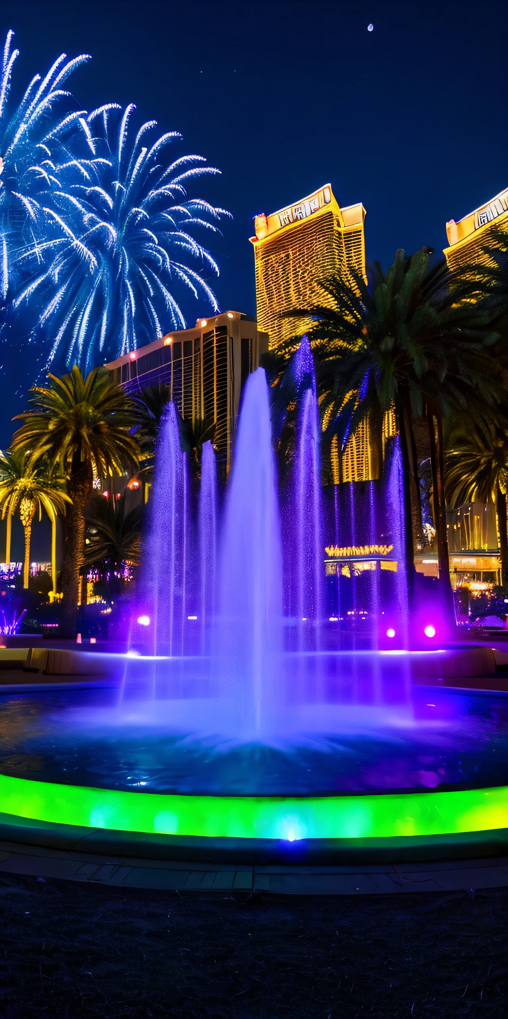 highest quality,High resolution,Park fountain,Across the park is a neon street、A big, shining moon、Las Vegas Night