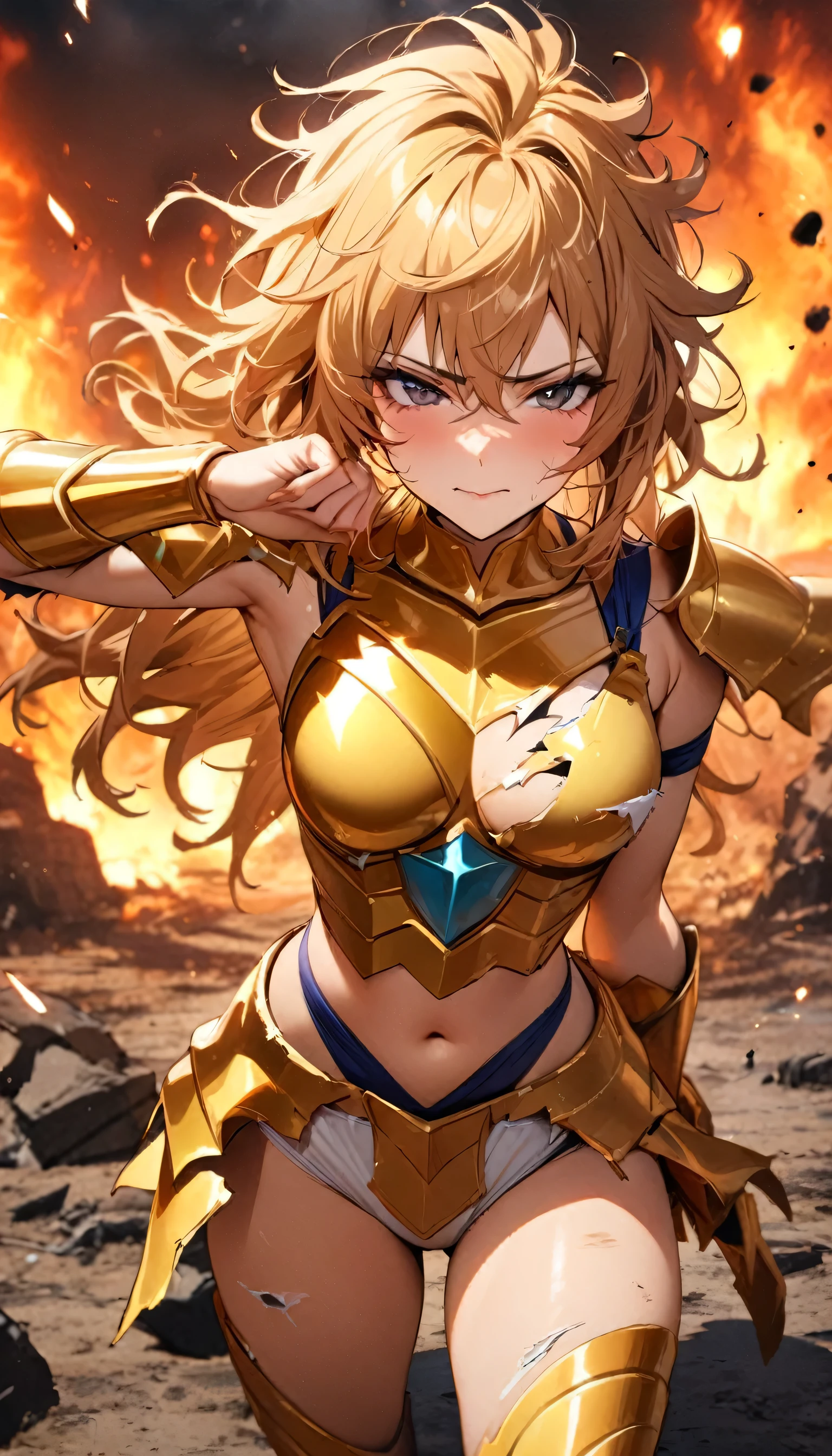 (masterpiece), (highest quality), (1 girl), Girl in golden armor, Cool pose, Battlefield Background, Fire Background, Saint Seiya Armor, Messy Hair, Broken Armor, Tattered clothes