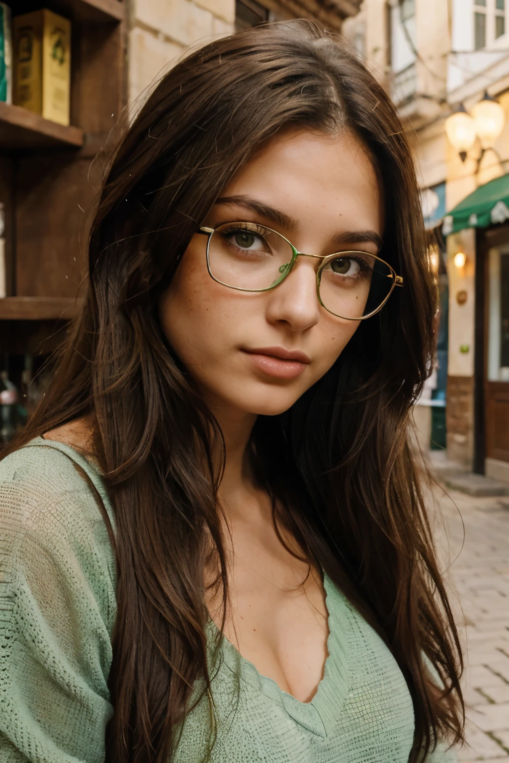 brunette, Lebanese Latina, green eyes, freckles, medium long hair, glasses