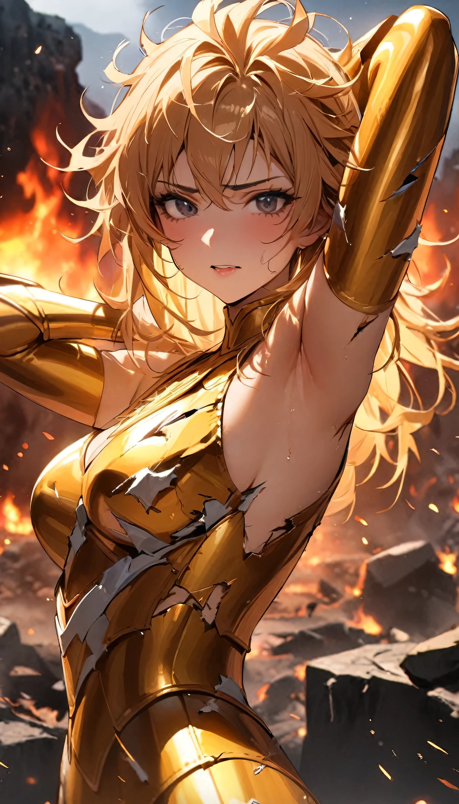 (masterpiece), (highest quality), (1 girl), Girl in golden armor, Cool pose, Battlefield Background, Fire Background, Saint Seiya Armor, Messy Hair, Broken Armor, Tattered clothes