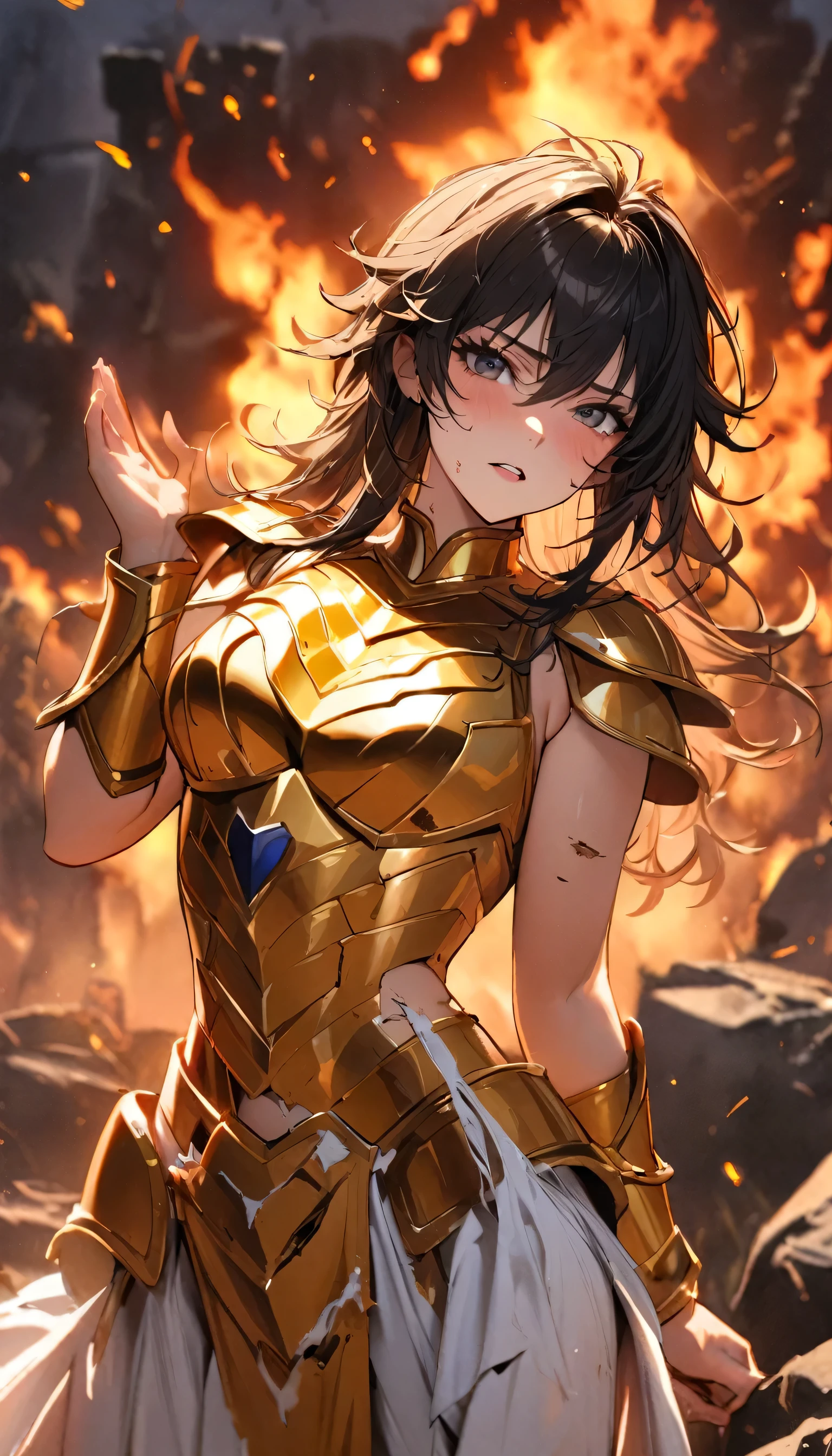 (masterpiece), (highest quality), (1 girl), Girl in golden armor, Cool pose, Battlefield Background, Fire Background, Saint Seiya Armor, Messy Hair, Broken Armor, Tattered clothes