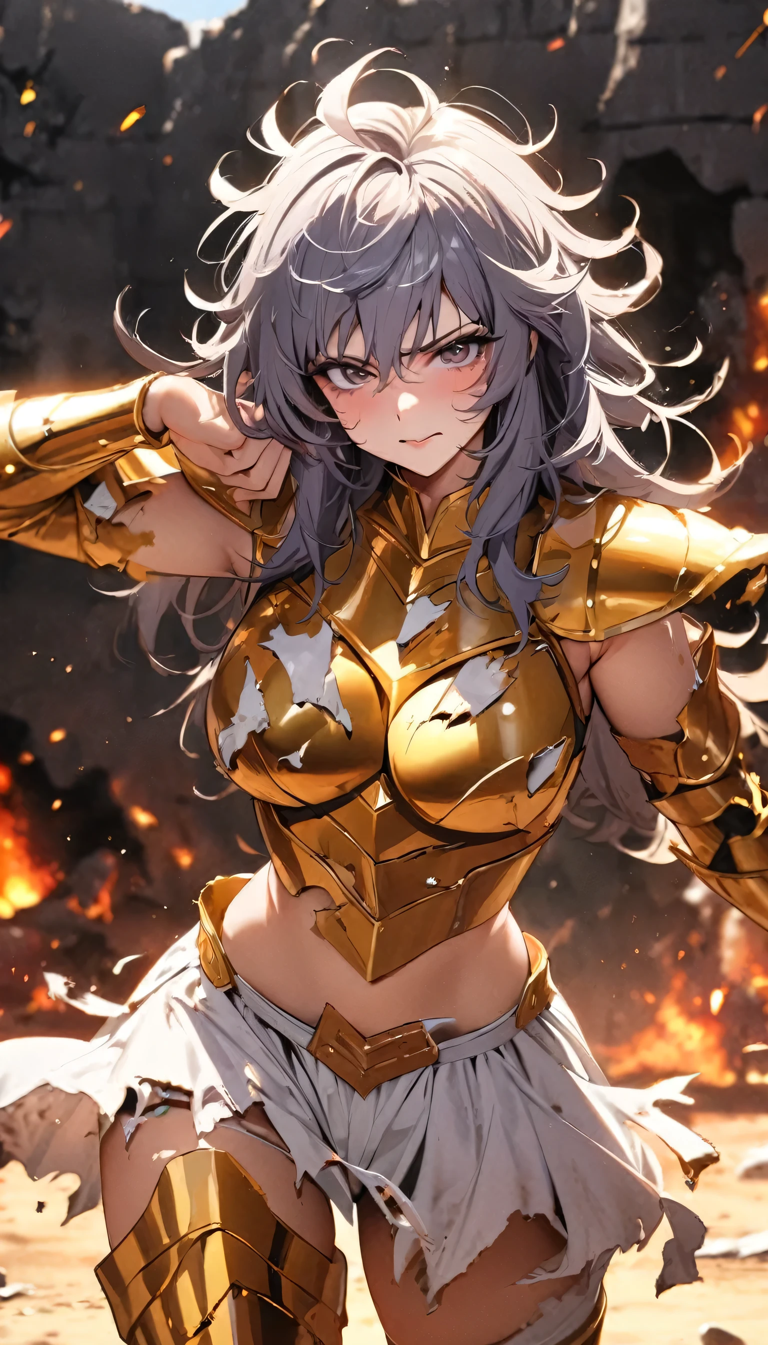 (masterpiece), (highest quality), (1 girl), Girl in golden armor, Cool pose, Battlefield Background, Fire Background, Saint Seiya Armor, Messy Hair, Broken Armor, Tattered clothes